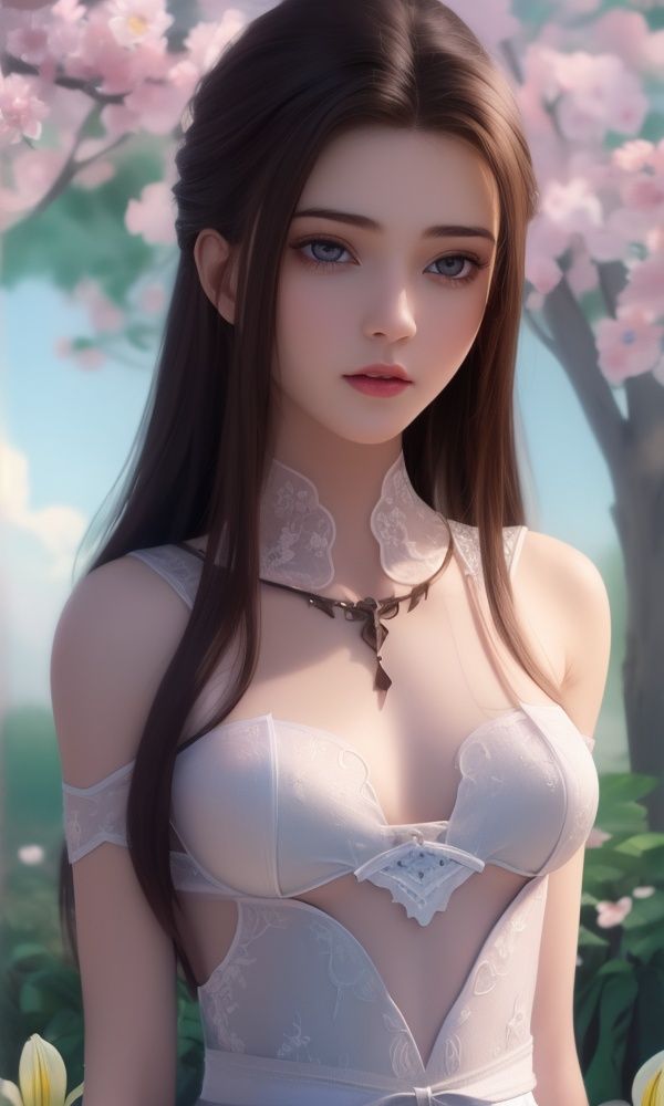 (,1girl, ,best quality, )<lora:337-DA-仙武传-姬凝霜:0.6>,,1girl, solo,((nude:0.75)),(((small breasts:1))), (bare shoulders:0.85),(masterpiece, best quality),((oil painting style)),sexy young lady,(beautiful face and eyes),(upper body:1.5),(whole body:1.05),(single person:1.2),slim body,brown hair,messy and long hair,white lace dress, surrounded by flowers, (lily), roses, floret, vegetation, white, purple, purplish pink,Impressionism,colorful,(Breast size:1.3),