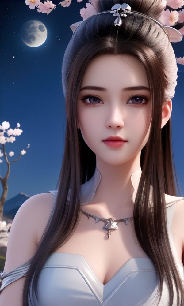 (,1girl, ,best quality, )<lora:337-DA-仙武传-姬凝霜:0.6>,, ,masterpiece,(( , )),, realistic,science fiction,mole,,ultra realistic 8k cg, flawless,tamari \(flawless\),  ,cherry blossoms,,night, night sky, crescent moon, moonlight,,(facing viewer, looking at viewer, , ),  (()), (),
