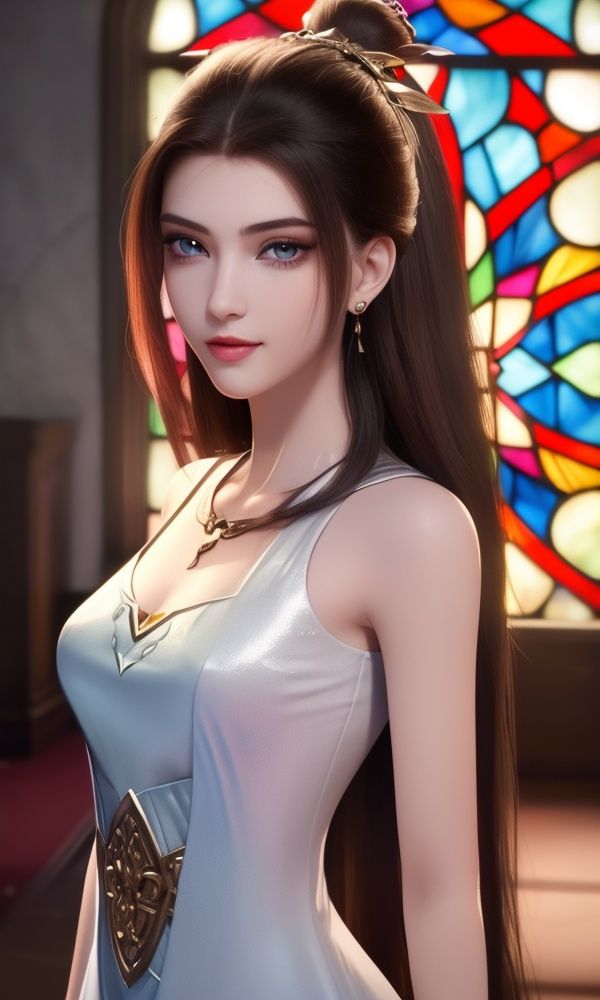 (,1girl, ,best quality, )<lora:337-DA-仙武传-姬凝霜:0.7>,, (close-up portrait),(upper body:1.22),(realistic:1.11),(Photo-referencing),HDR,Studio Lighting,Soft Lighting, (symmetric beautiful detailed eyes),Sparkling eyes,red eye shadow,(long eyelashes), a slender petite little girl,Delicate muscle lines,(Skinny body),(solo:1.5),( looking at viewer:1.22),The white shiny skin, (smirk:1.2),(dynamic pose),(arms behind back),arms at sides, (very long payot),(Absurdly long Brown straight hair:1.22),parted bangs, (floating hair), (jewelry:1.17), necklace, earrings,(colorful:1.27),(stained glass background),(dress:1.17),,