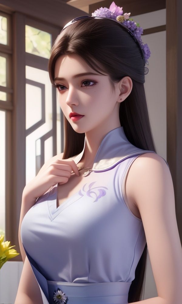 (,1girl, ,best quality, )<lora:337-DA-仙武传-姬凝霜:0.6>,, ,masterpiece, (( , )),, realistic,science fiction,mole, ultra realistic 8k cg, ,tamari \(flawless\),     ,jasmine \(flower\),  purple flower,       (()), (),