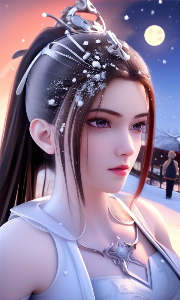 (,1girl, ,best quality, )<lora:337-DA-仙武传-姬凝霜:0.8>,, ,masterpiece, (( , )),, realistic,science fiction,mole, ultra realistic 8k cg, ,tamari \(flawless\),     ,outdoors, snow, snowing, snow on head, sun,sunset,sunlight,moonlight,full moon, red moon,  crescent moon,  crescent rose,  black rose,       (()), (),