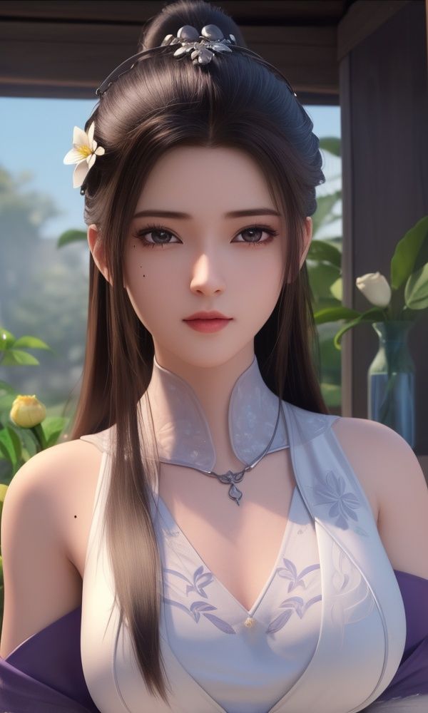 (,1girl, ,best quality, )<lora:337-DA-仙武传-姬凝霜:0.6>,, ,masterpiece, (( , )),, realistic,science fiction,mole, ultra realistic 8k cg, ,tamari \(flawless\),     ,jasmine \(flower\),  purple flower,       (()), (),