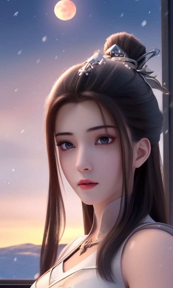 (,1girl, ,best quality, )<lora:337-DA-仙武传-姬凝霜:0.8>,, ,masterpiece, (( , )),, realistic,science fiction,mole, ultra realistic 8k cg, ,tamari \(flawless\),     ,outdoors, snow, snowing, snow on head, sun,sunset,sunlight,moonlight,full moon, red moon,  crescent moon,  crescent rose,  black rose,       (()), (),