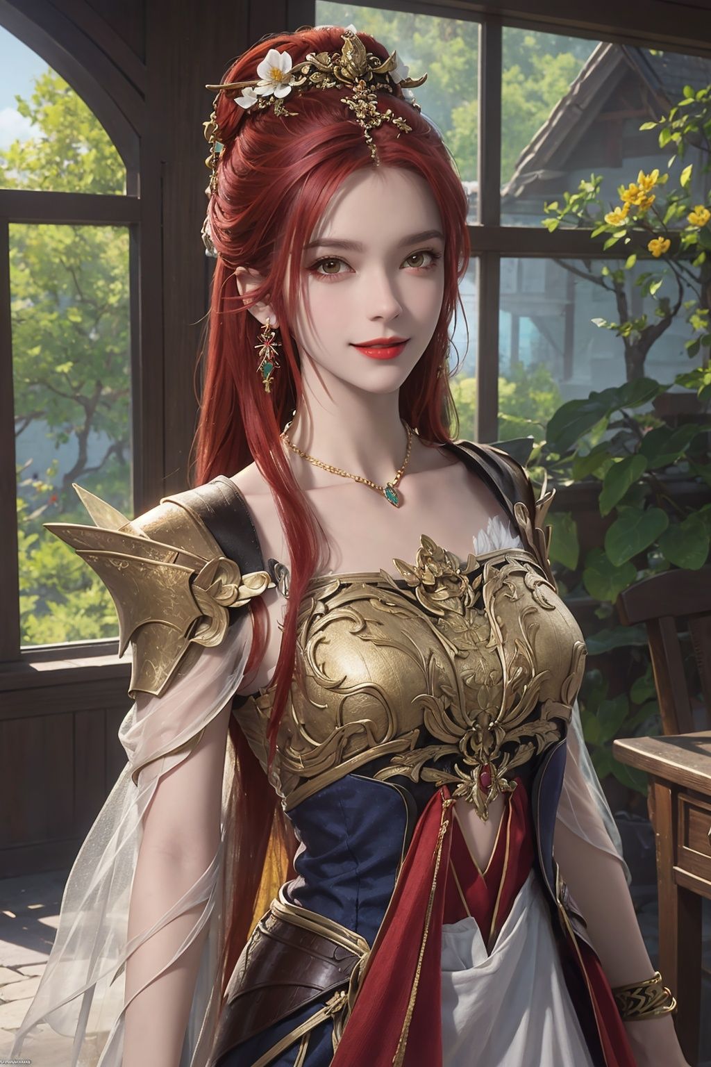 1girl, red hair, solo,jewelry, long hair, hair ornament, outdoors, armor, dress, closed mouth, bracelet, breastplate, smile, weapon, earrings, day，the window is covered in flowers,outside the window is nature,facing the camera,there are flowers on the hair,red lips, outdoors, (looking at viewer:1.0), earrings, necklace, day,sky，blue sky，cloud，upper body，flowers，standing，ultra-detailed, highres, extremely detailed,best quality ,masterpiece, illustration, extremely delicate and beautiful,CG ,unity ,8k wallpaper,Amazing, finely detail,official art,<lora:dingdang-manzhushxs:0.55>