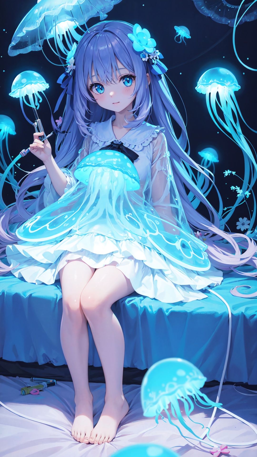  glowing jellyfish neon light, 1girl, sitting, wariza, (cute illustration:1.2), absurd-resolution, ultra-detailed, best quality