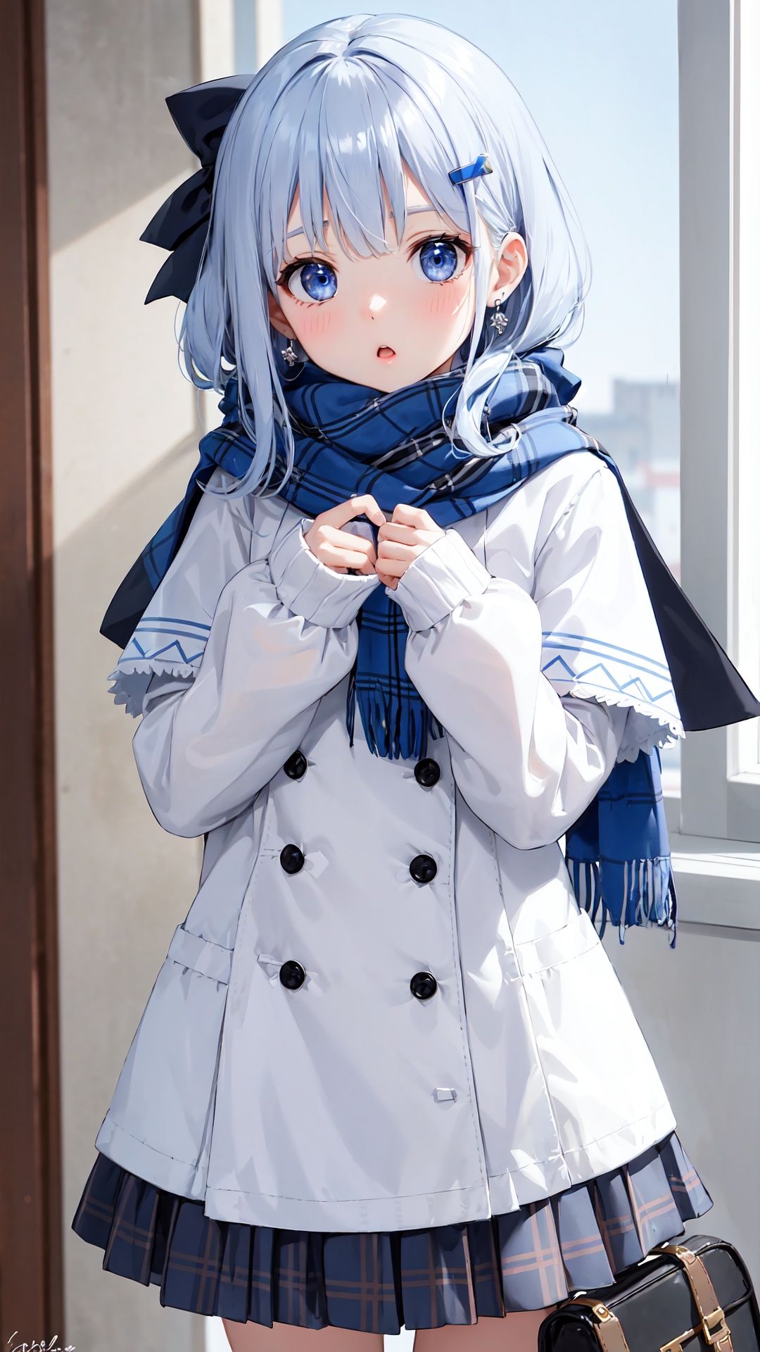 1girl, solo, plaid, skirt, blue eyes, scarf, plaid skirt, long hair, bangs, blue scarf, long sleeves, looking at viewer, plaid scarf, hair ornament, black sweater, blurry, blurry background, blush, hair bow, fringe trim, hands up, blue skirt, bow, parted lips, nail polish, pleated skirt, blue nails, hairclip, depth of field, sweater, sleeves past wrists, capelet, blue bow, puffy long sleeves, breath, signature, :o, jewelry, earrings, white hair, blue capelet, puffy sleeves, blue hair