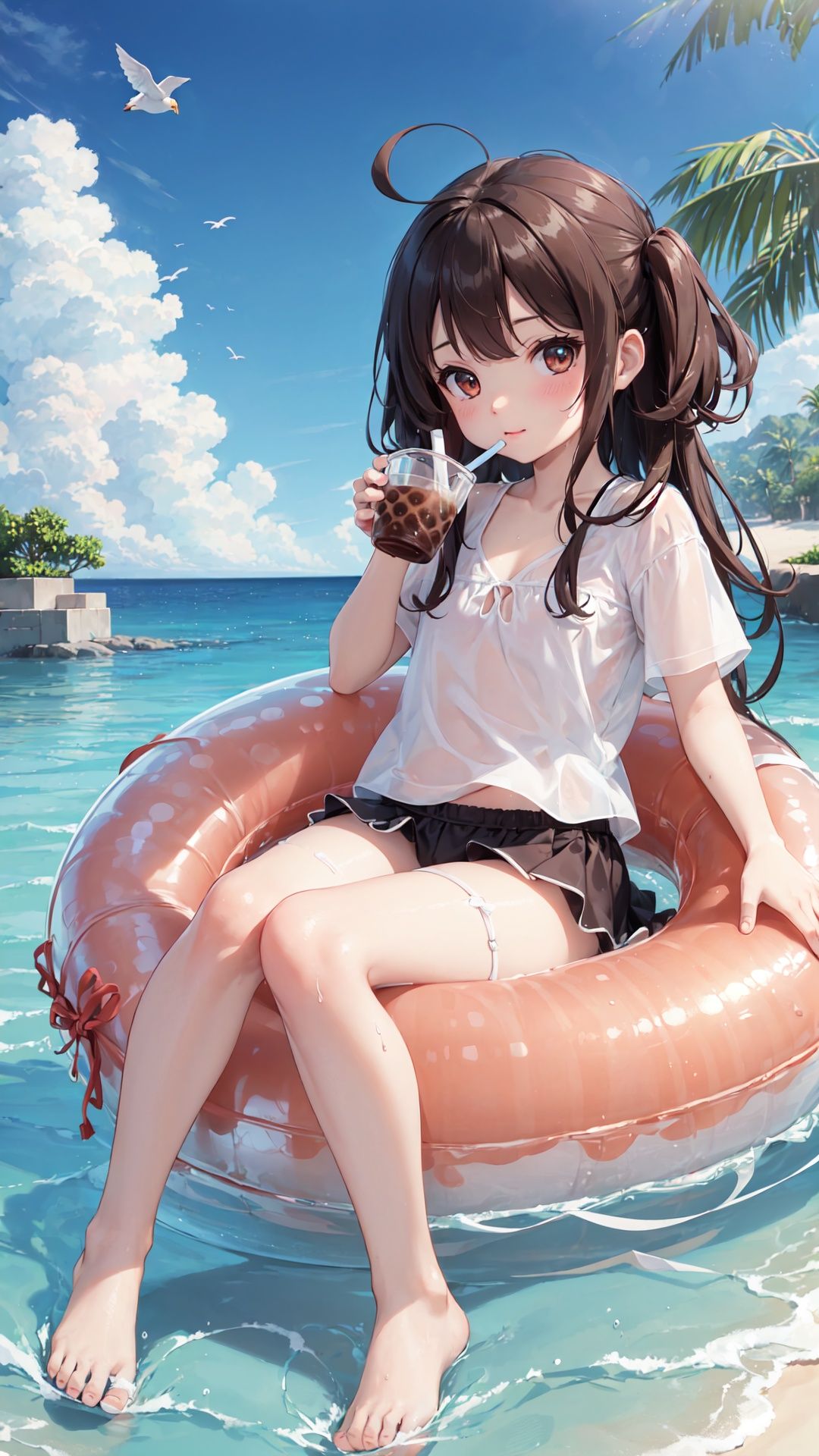 (((full body))), finely detail, Depth of field, (((masterpiece))), ((extremely detailed CG unity 8k wallpaper)), best quality, high resolution illustration, Amazing, intricate detail, (best illumination, best shadow, an extremely delicate and beautiful), (((1 loli))), (((5 years old))), ((little girl)), flat_chest, water, manjuu_\(azur_lane\), ocean, chick, rubber_duck, horizon, innertube, , bird, drinking_straw, pool, waves, feet, splashing, beach, cup, afloat, barefoot, poolside, cloud, day, disposable_cup, wet, long_hair, boat, shirt, drinking, brown_hair, sky, ahoge, bubble_tea, animal, seagull, soaking_feet, red_eyes, ripples, caustics, bubble_tea_challenge, outdoors, blue_sky, in_water, wet_clothes, partially_underwater_shot, signature, white_shirt, cleavage