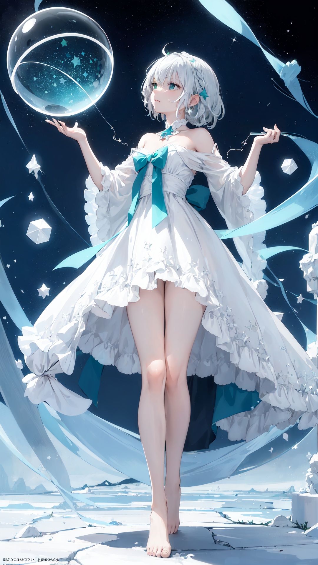 ((green, silver, glimmer)), limited palette, contrast, phenomenal aesthetic, best quality, sumptuous artwork, (masterpiece), (best quality), (ultra-detailed), (((illustration))), ((an extremely delicate and beautiful)), (detailed light), 1girl, cold theme, broken glass, broken wall, ((an array of stars)), ((starry sky)), the Milky Way, star, Reflecting the starry water surface, (1girl:1.3)aqua theme, white hair, blinking, white dress, closed mouth, constel lation, flat color, noline art, full Glass sphere, girl inside glass sphere, white hair, braid, blinking, white robe, bust \(sculpture\), barefoot, float, closed mouth, constel lation, flat color, holding, holding wand, looking up, standing, male focus, medium hair, standing, solo, space, universe, utaite(singer), Nebula, many stars