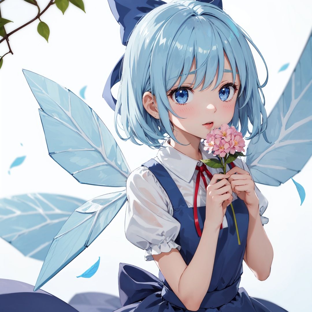 1girl, solo, flower, blue eyes, cirno, sweet-scented, blue hair, looking at viewer, tanned cirno, short sleeves, short hair, backlighting, puffy sleeves, bow, hair bow, upper body, dress, puffy short sleeves, holding flower, petals, blue bow, ribbon, holding, white background, blue dress, red ribbon, mouth hold, bangs, simple background, ice wings, shirt, depth of field, blurry, neck ribbon, wings, plant, leaf, white shirt, pink flower, vines