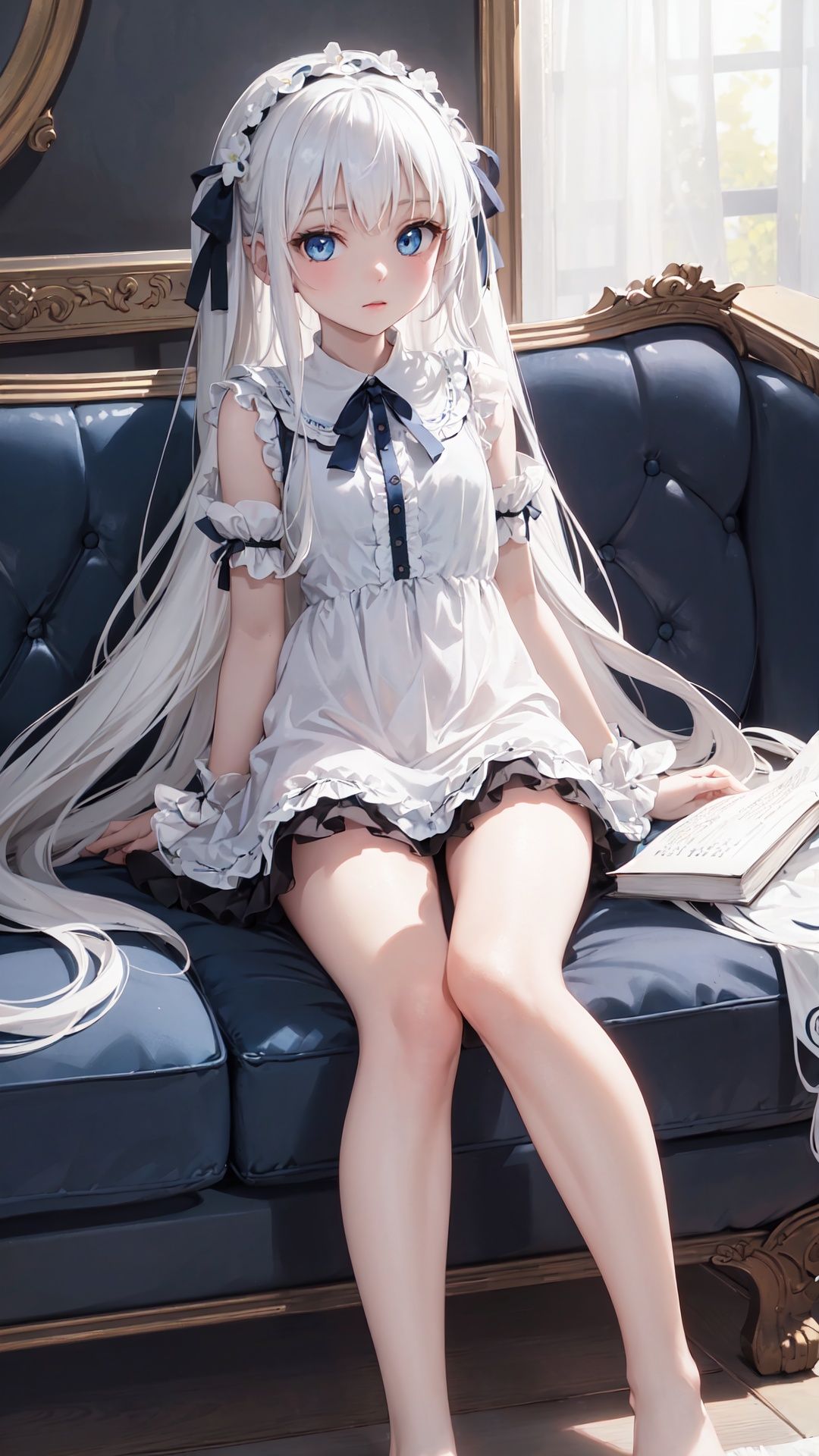 ((ffull_body)),finely detail,(((dark))),(((dark))),(((dark))),Depth of field,(((masterpiece))),((extremely detailed CG unity 8k wallpaper)),best quality, high resolution illustration,Amazing,highres,intricate detail,(best illumination, best shadow, an extremely delicate and beautiful),

(1 girl),(((((solo))))),from_above, lying, knees_together_feet_apart,feet_out_of_frame, on_couch, looking_at_viewer, small_breasts,extremely delicate and beautiful girls,(blue eyes),beautiful detailed eyes,(Beautiful dark blue eyes),Lovely face,(bare legs),(barefoot),long_hair, lolita_fashion, ribbon, hair_ornament,
(white hair),long hair, young,

(((night))),((wind)),White curtain,books,Blue Sofa,lie on the couch,