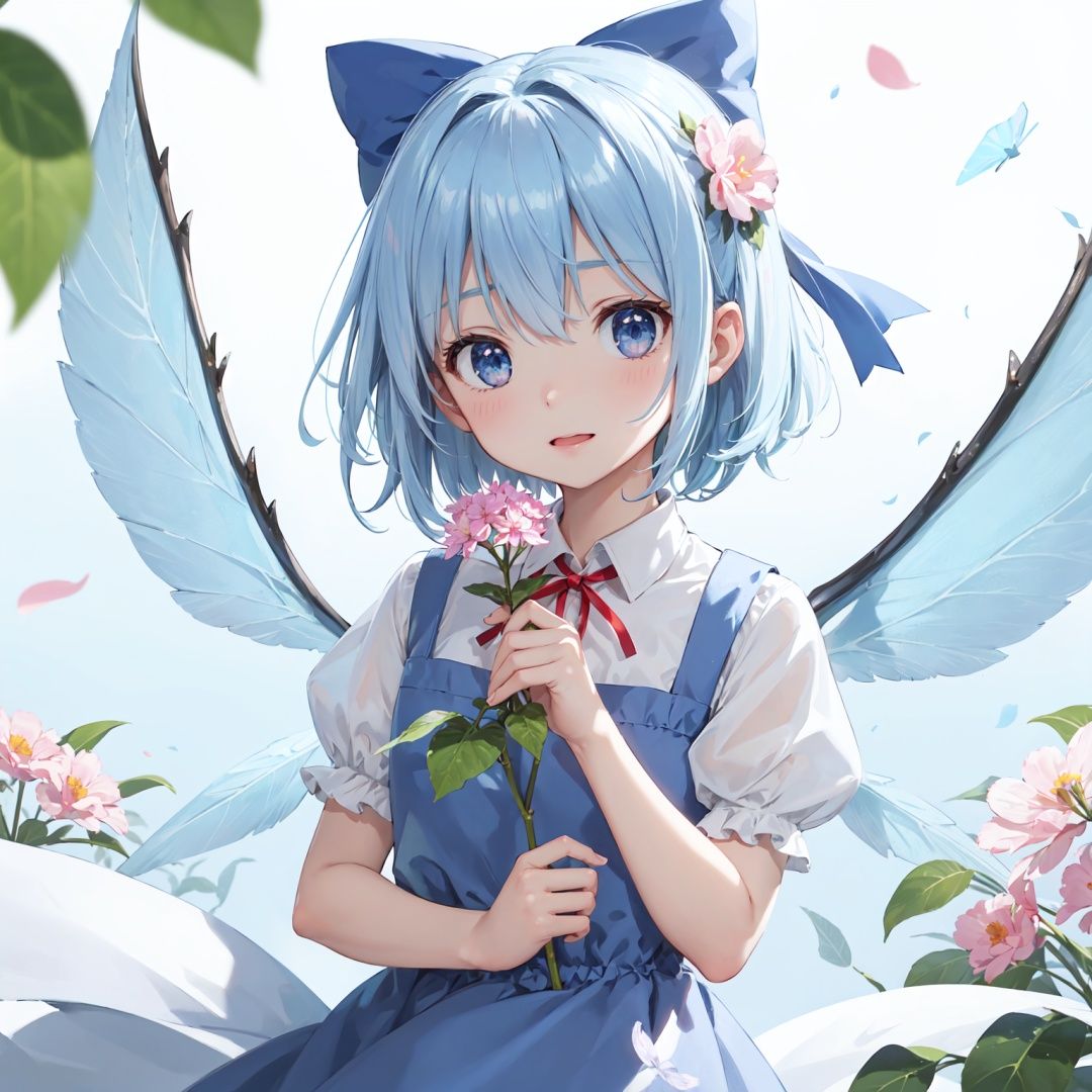 1girl, solo, flower, blue eyes, cirno, sweet-scented, blue hair, looking at viewer, tanned cirno, short sleeves, short hair, backlighting, puffy sleeves, bow, hair bow, upper body, dress, puffy short sleeves, holding flower, petals, blue bow, ribbon, holding, white background, blue dress, red ribbon, mouth hold, bangs, simple background, ice wings, shirt, depth of field, blurry, neck ribbon, wings, plant, leaf, white shirt, pink flower, vines