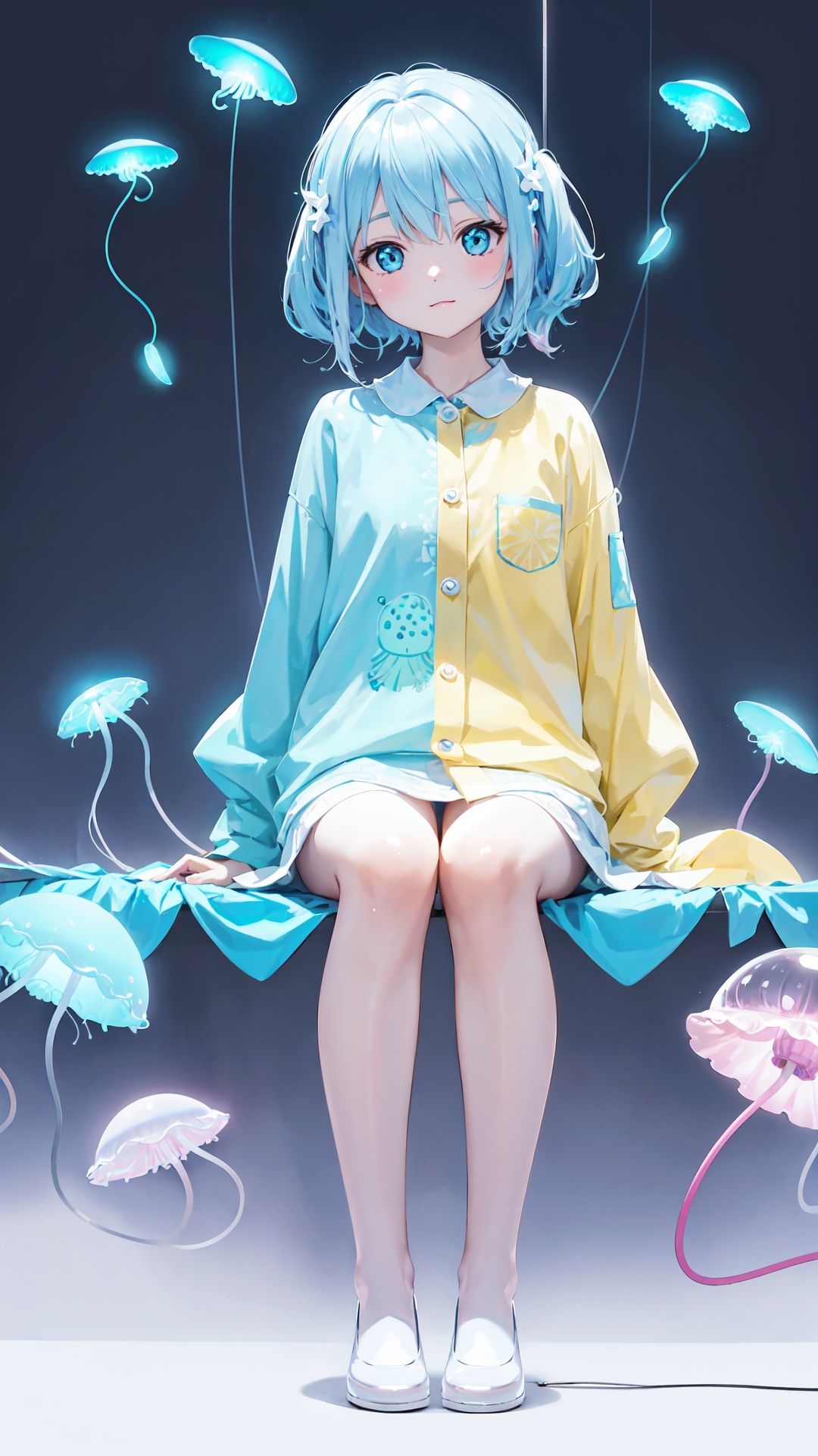 glowing jellyfish neon light,  1girl,  sitting on Tensor.Art