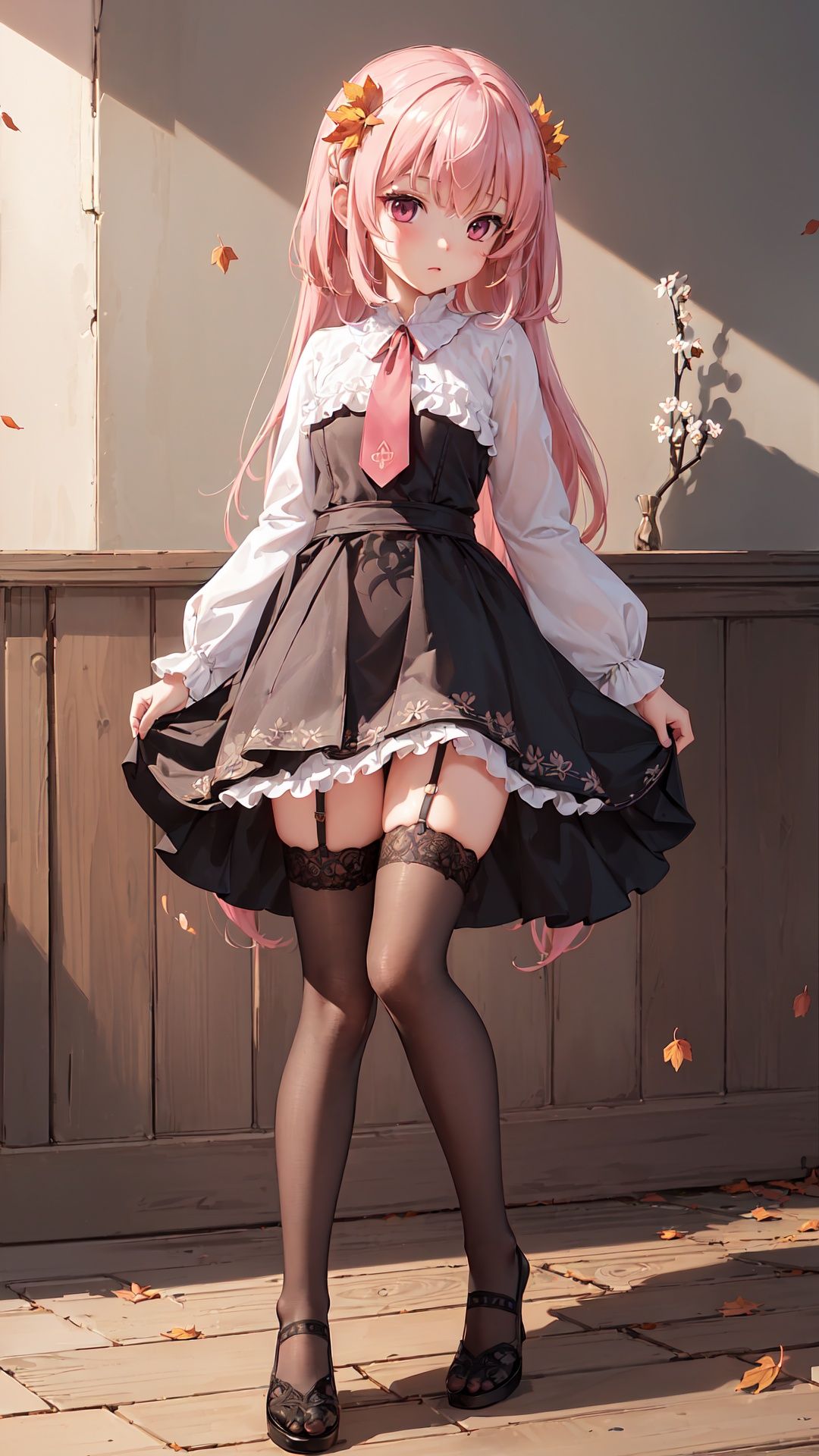 (((full body))),finely detail, Depth of field,(((masterpiece))),((extremely detailed CG unity 8k wallpaper)),best quality, high resolution illustration,Amazing,intricate detail,(best illumination, best shadow, an extremely delicate and beautiful),
1girl,full body,(loli:1.2),pink hair, hair,legwear,bloomers,autumn, falling leaves,standing on one leg,