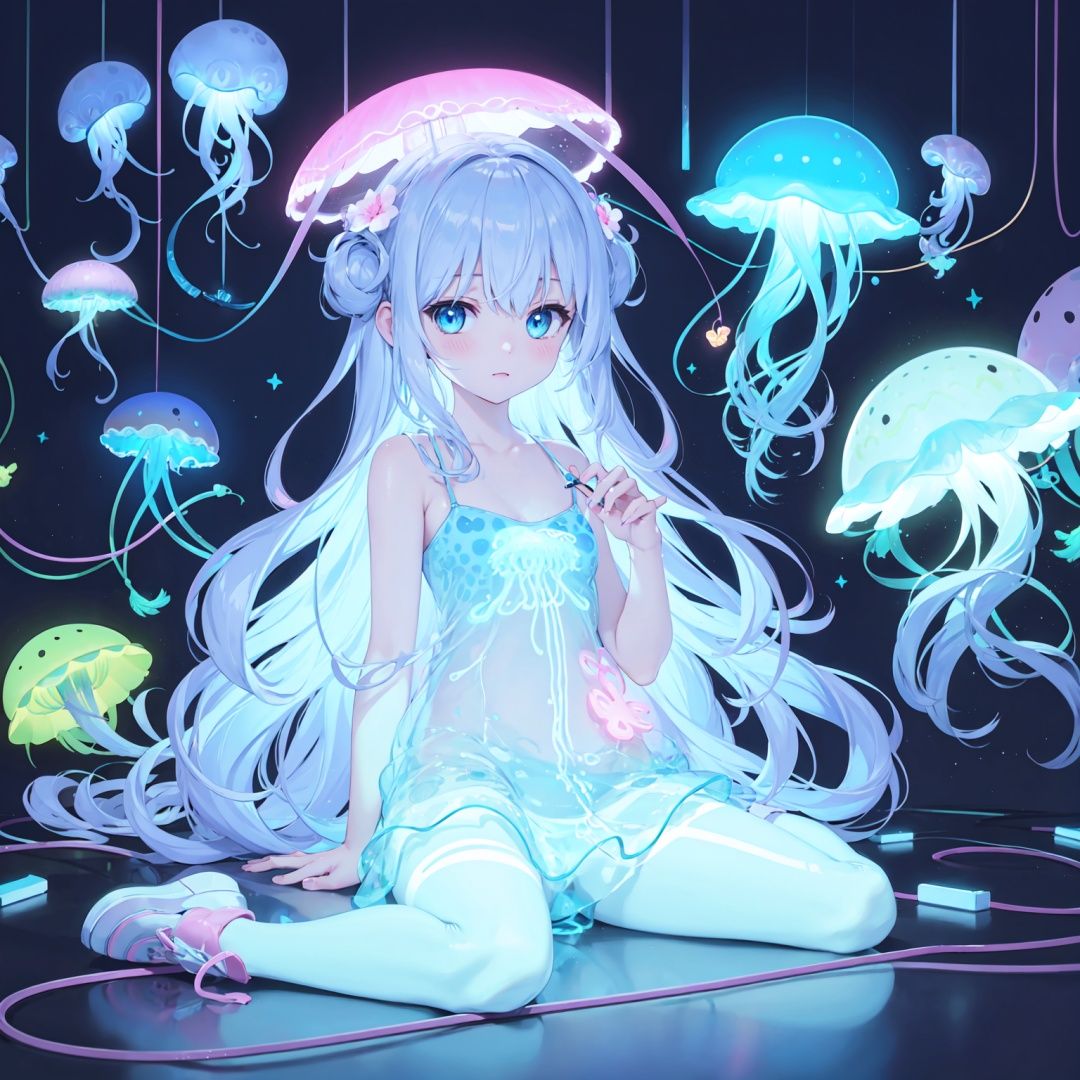 glowing jellyfish neon light,  1girl,  sitting on Tensor.Art