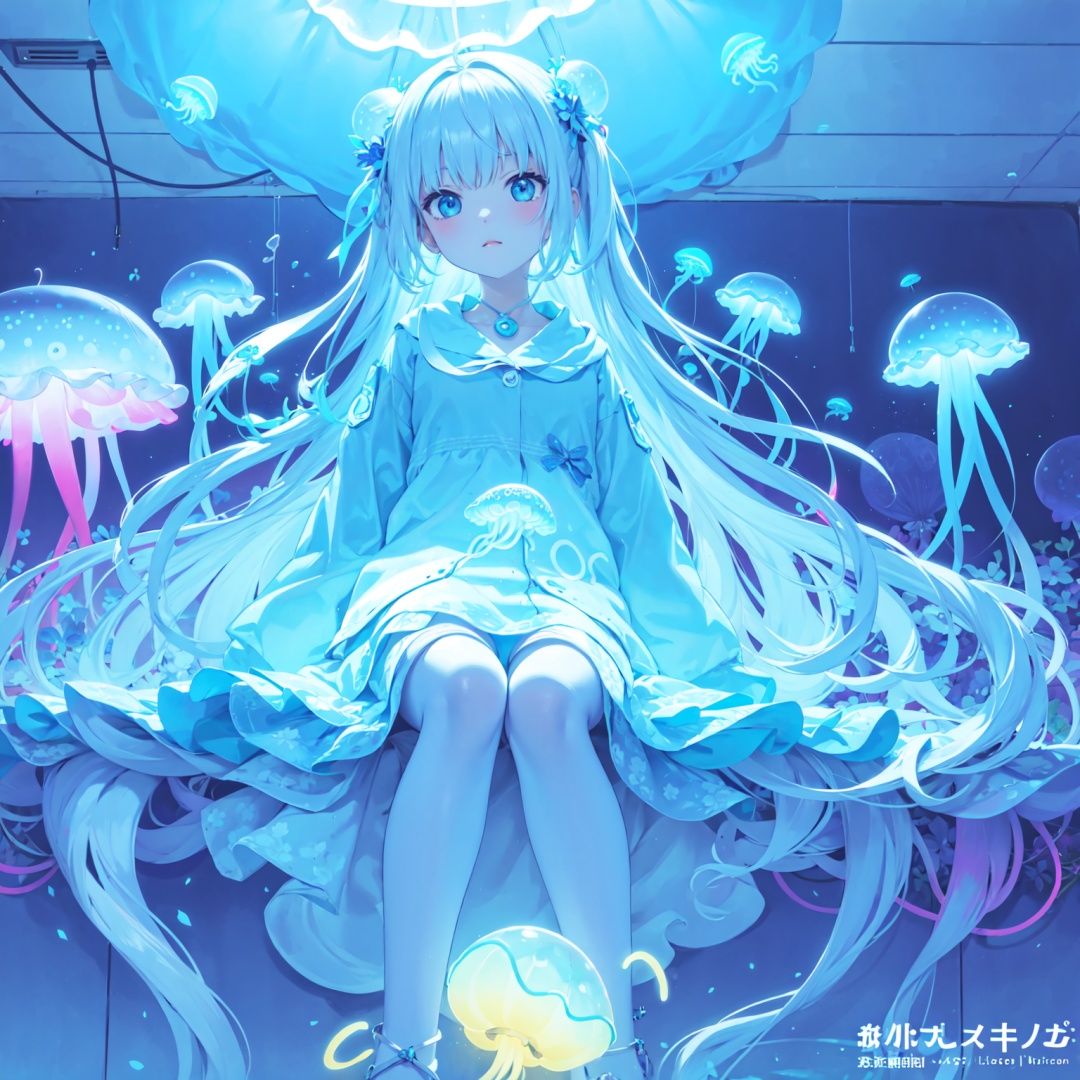  glowing jellyfish neon light, 1girl, sitting, wariza, (cute illustration:1.2), absurd-resolution, ultra-detailed, best quality