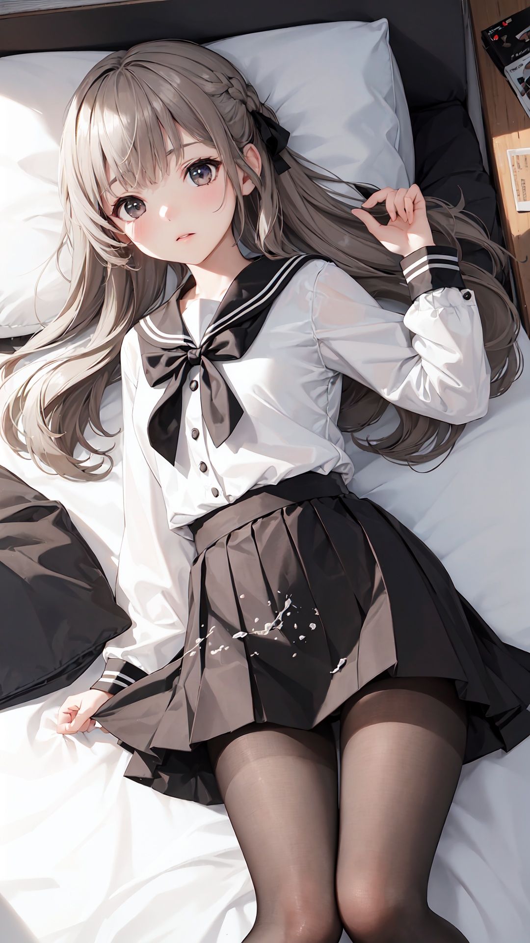 ((masterpiece)),(((best quality))),(ultra-detailed),(best illustration),(best illumination, best shadow),((an extremely delicate and beautiful)),dynamic angle,floating,(Short focal length)(Long object distance)(back depth of field),
chowbie_jue,bangs,black_bow,black_pantyhose,black_skirt,blurry,blurry_background,bow,braid,brown_eyes,grey_hair,
hair_between_eyes,hair_bow,hand_up,highres,legs,
long_hair,long_sleeves,looking_at_viewer,original,black background,pantyhose,
pleated_skirt,puffy_long_sleeves,puffy_sleeves,sailor_collar,shirt,skirt,solo,standing,white_sailor_collar,white_shirt,
solo,messy room,loaded interior,bedroom,(((otaku room))),(computer),
wide shot,(lying on back:1.3),Herb Ritts,cowboy shot,fisheye,
(cum:1.3),