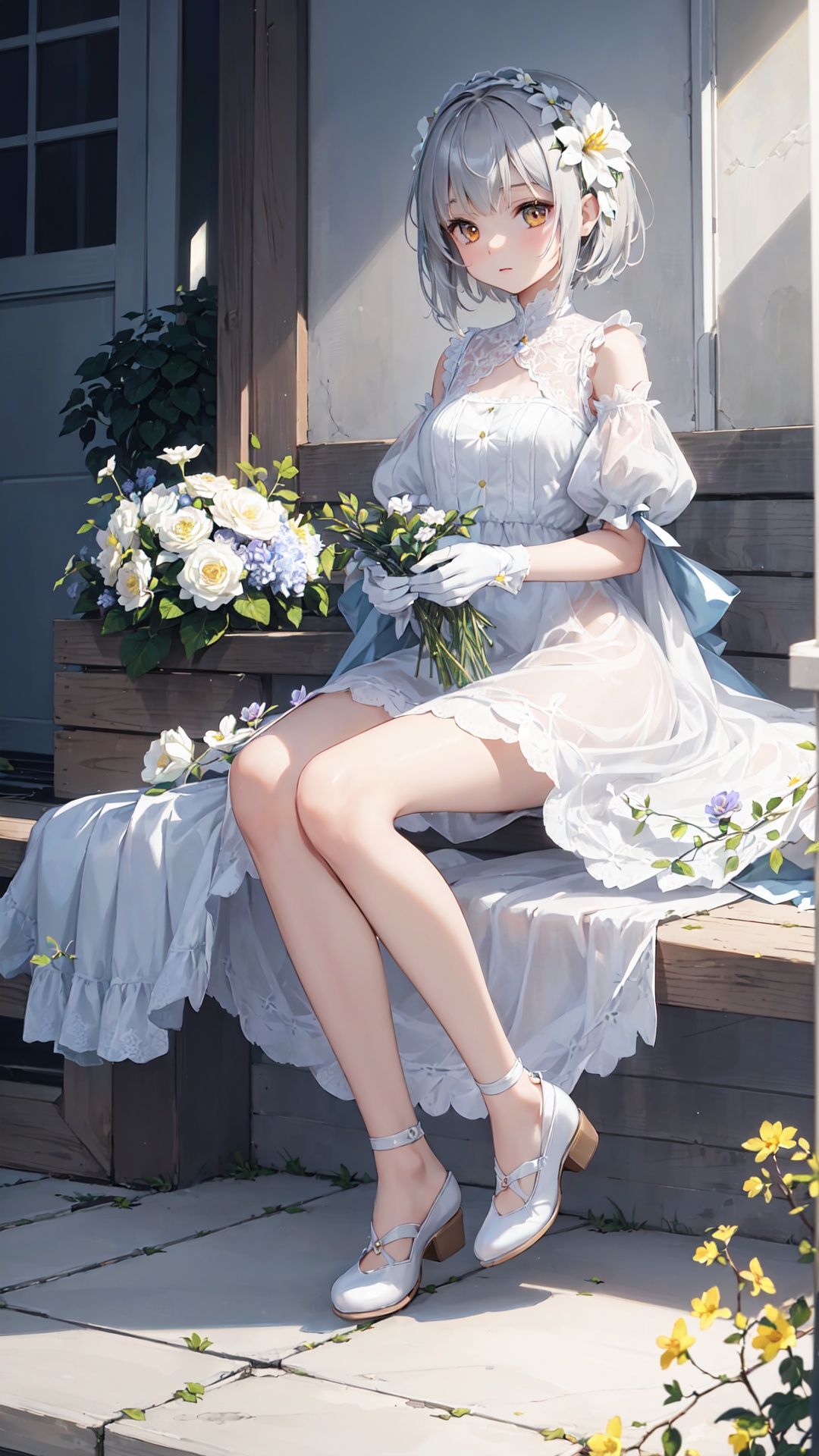 [(white background:1.4)::5], (imid shot:0.95), (full body:1.25), Dynamic angle, [Bottle bottom],
(official art),
extremely delicate and beautiful,
2d,
(fantasy),
depth of field,
solo, a beautiful detailed girl, solo,full body,
//
((masterpiece)), ((best quality)), (ultra-detailed), (illustration), ((an extremely delicate and beautiful)),extremely detailed CG unity 8k wallpaper,detailed background,(by exquisite colors block),
(1girl:1.4),(solo:1.5),(lumine),young girl,(yellow short hair）,small breasts,brown eyes,beautiful detailed eyes,((gradient eyes)),
long locks,hair flower,white skirt dress, flower pattern in dress,white gow,lace-trimmed_gloves,
(Expressionless),Holding gray flowers,Staring at a gray flower in his hand,
(Gray flower sea),Falling pigeon feathers,ray tracing,beautiful detailed sky,