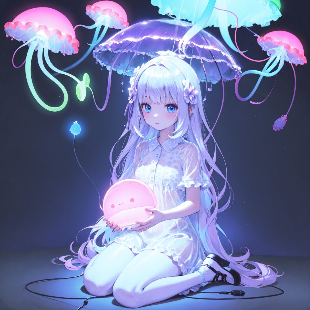  glowing jellyfish neon light, 1girl, sitting, wariza, (cute illustration:1.2), absurd-resolution, ultra-detailed, best quality