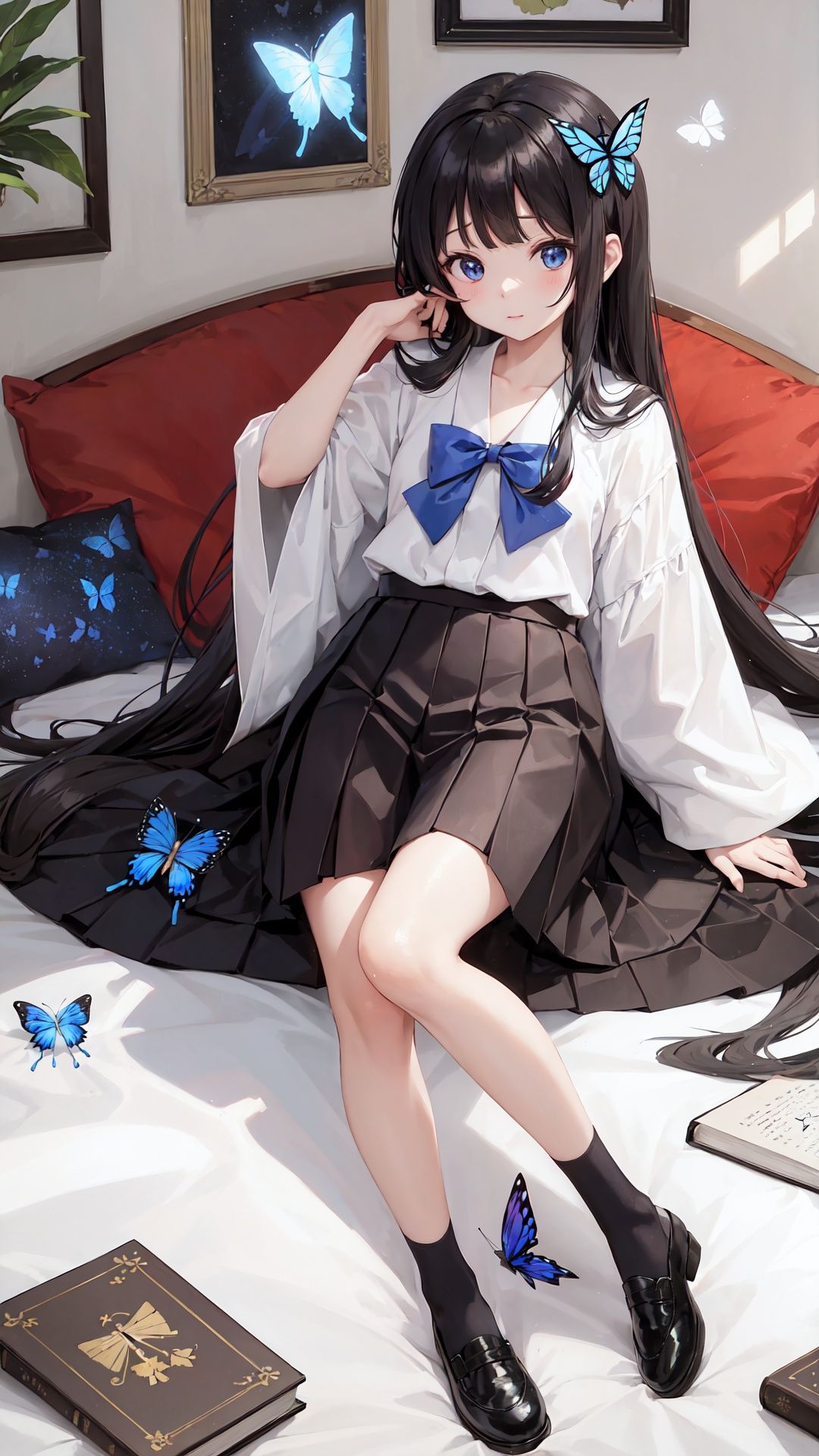 (((houraisan kaguya))), blue_butterfly, butterfly, butterfly_hair_ornament, glowing_butterfly, origami, paper_crane, 1girl, long_hair, book, black_hair, skirt, paper_airplane, solo, book_stack, very_long_hair, black_skirt, bookmark, ginkgo_leaf, blue_bow, shoes, picture_frame, pleated_skirt, ,flying,