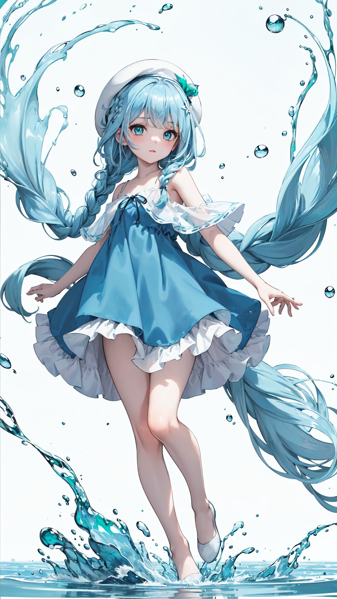 [(white background:1.8)::10],(best quality:1.2),masterpiece,(beautiful and clear background),(depth of field:0.75),(ink splashing:0.95),(color splashing:0.85),(color painting:0.95),Rayleigh scattering,(full body:1.25),(++Lovely delicate face++),(+++messy floating blue hair and emerald eyes:1.15),(braid),(1girl in a (blue and white dress) with a white_Beret),Wave,Bubble blast off,2legs
