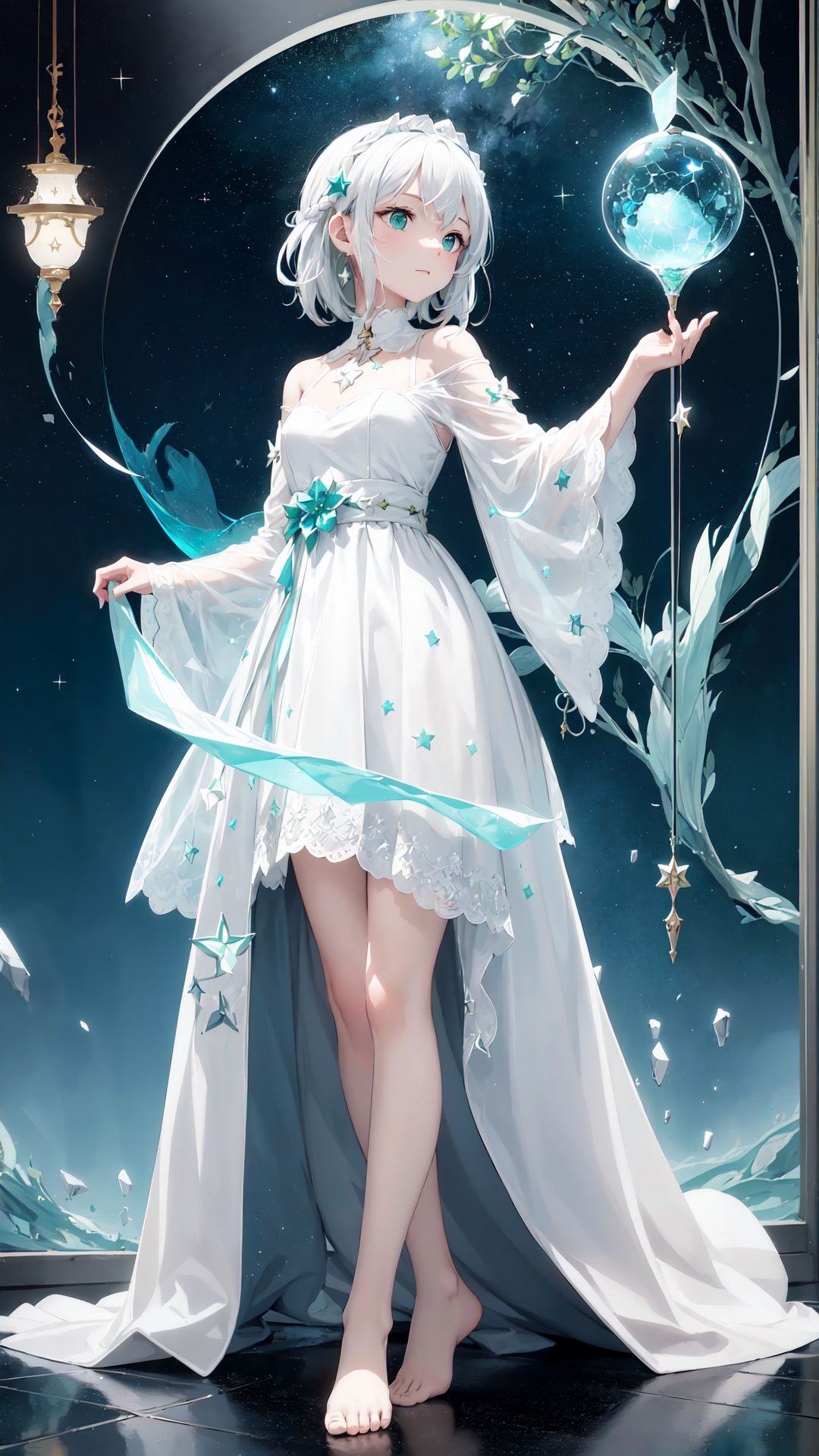 ((green, silver, glimmer)), limited palette, contrast, phenomenal aesthetic, best quality, sumptuous artwork, (masterpiece), (best quality), (ultra-detailed), (((illustration))), ((an extremely delicate and beautiful)), (detailed light), 1girl, cold theme, broken glass, broken wall, ((an array of stars)), ((starry sky)), the Milky Way, star, Reflecting the starry water surface, (1girl:1.3)aqua theme, white hair, blinking, white dress, closed mouth, constel lation, flat color, noline art, full Glass sphere, girl inside glass sphere, white hair, braid, blinking, white robe, bust \(sculpture\), barefoot, float, closed mouth, constel lation, flat color, holding, holding wand, looking up, standing, male focus, medium hair, standing, solo, space, universe, utaite(singer), Nebula, many stars