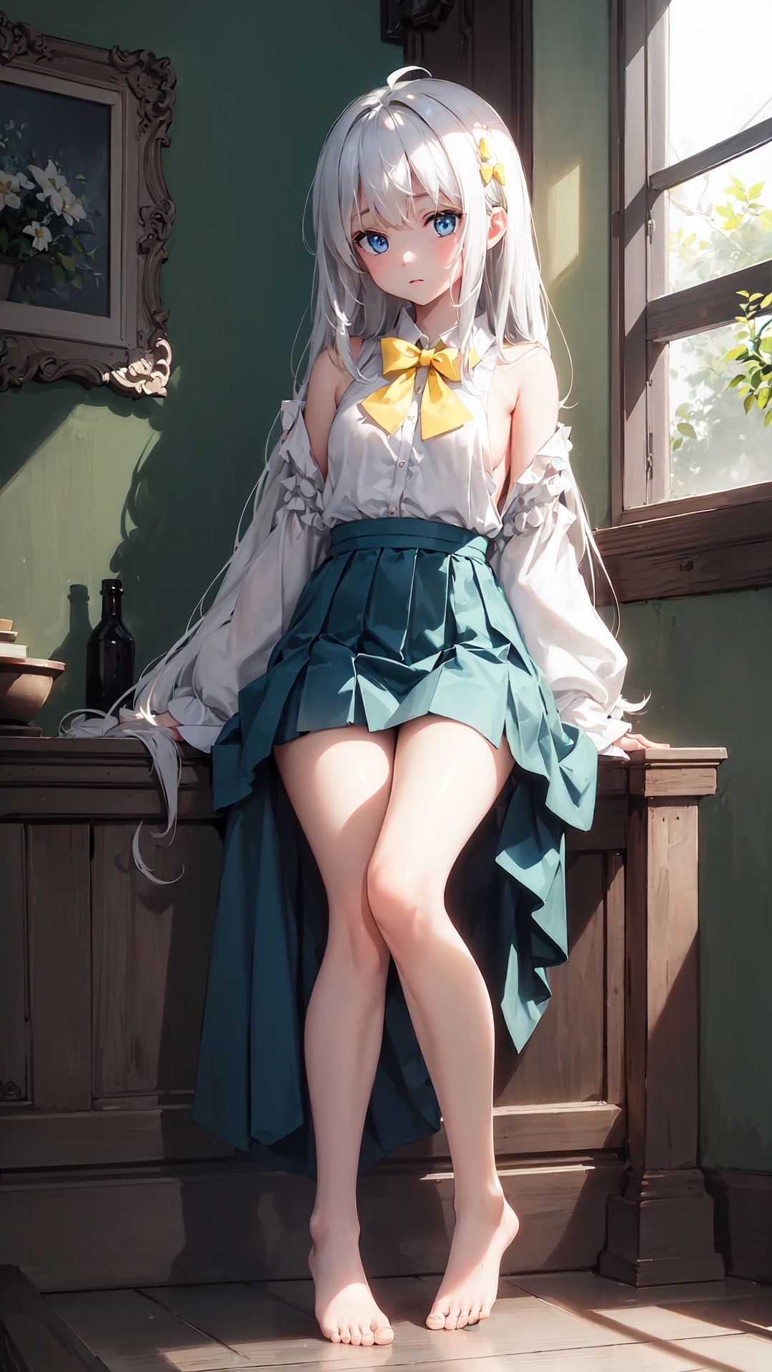 dark,dark,dark,finely detail, Depth of field,(((masterpiece))),((extremely detailed CG unity 8k wallpaper)),best quality, high resolution illustration,Amazing,intricate detail,(best illumination, best shadow, an extremely delicate and beautiful),dramatic angle,long-focus,A rich color,darkgreen tone,darkgreen tone,(ruins),(ruins),(ruins),

(1 girl),(((((solo))))),extremely delicate and beautiful girls,(blue eyes),((White collared shirt ),long sleeves,((Yellow bow tie)), bare shoulders,(Beautiful dark blue eyes),Lovely face,ahoge,((expressionless)),(medium skirt),((bare legs)),(forest),(((Tyndall effect))),(((dense))),((fog)),((God's light)),(((backlight))),((light leaks)),((Airborne dust)),
((white hair)),long hair, young,((small breast)),No shoes, barefoot