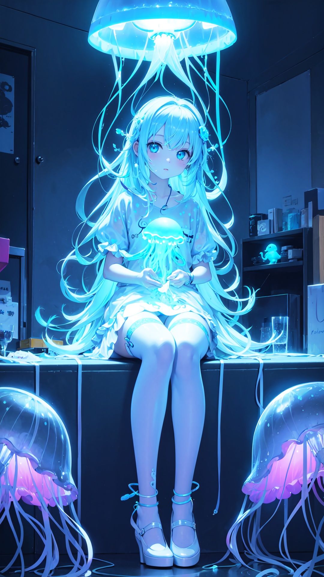 glowing jellyfish neon light, 1girl, sitting, wariza, (cute illustration:1.2), absurd-resolution, ultra-detailed, best quality