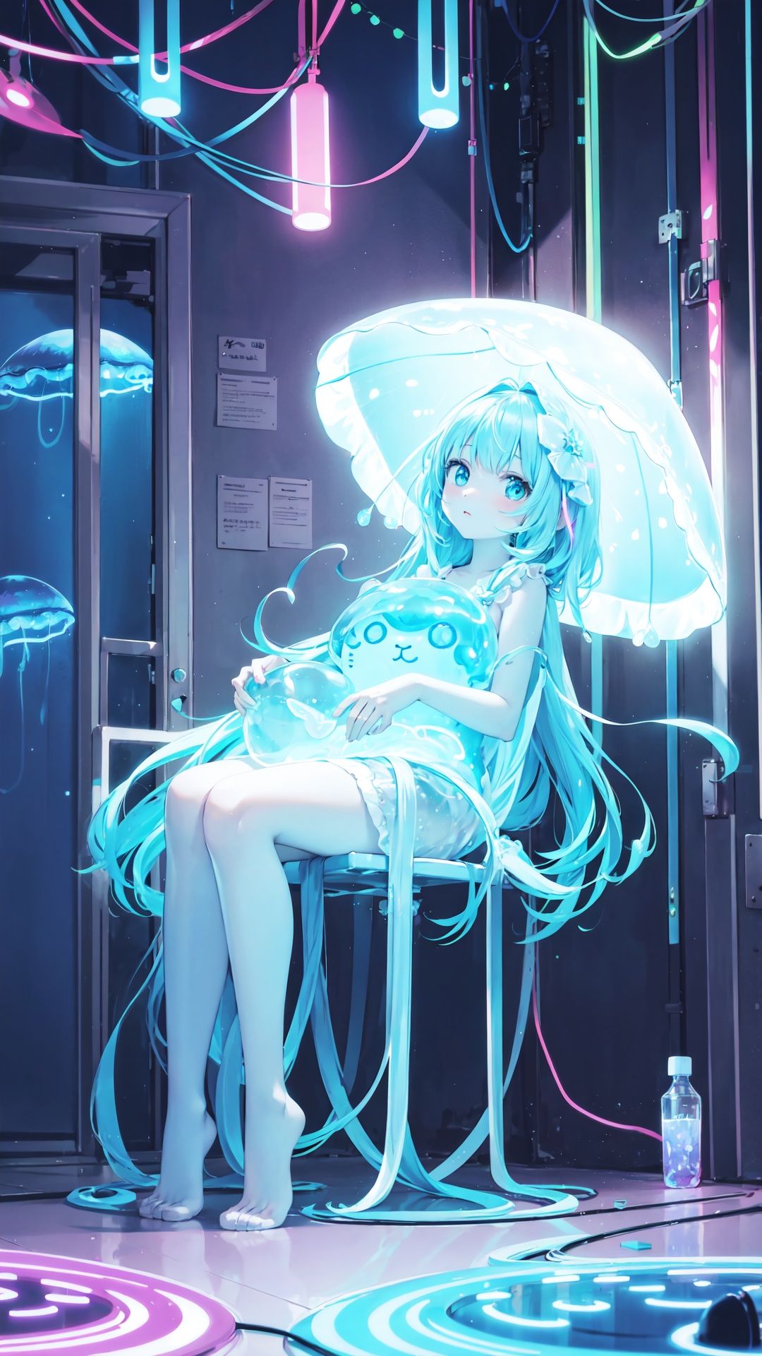  glowing jellyfish neon light, 1girl, sitting, wariza, (cute illustration:1.2), absurd-resolution, ultra-detailed, best quality
