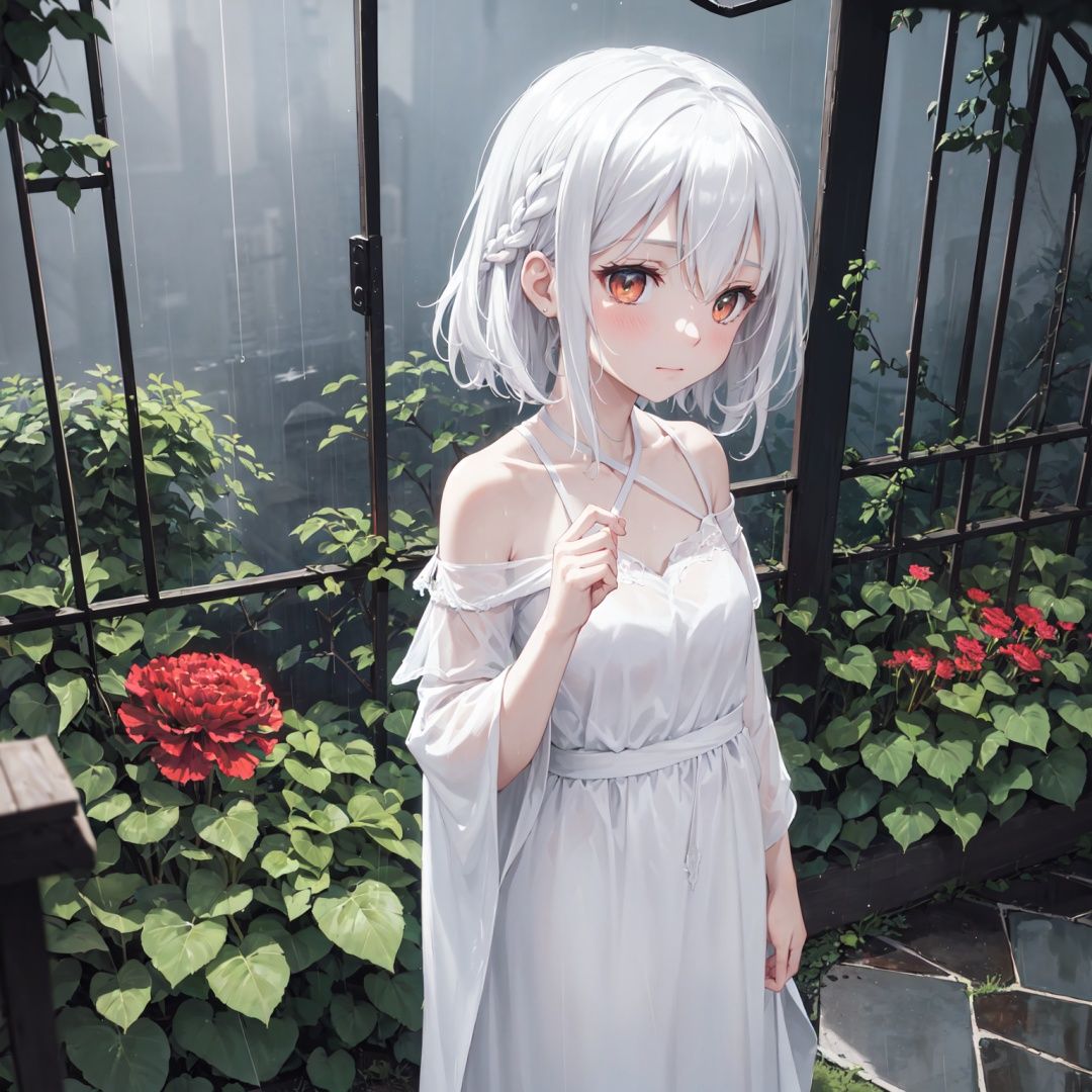 Pitch black, late at night,night,rain,dark,carnation,carnation,vines,carnation,ruins,Blurred picture,lens flare,hdr,Tyndall effect,damp,wet,1girl,bare shoulders,Golden eyes,cold theme,broken glass,broken wall,aqua theme,white hair,blinking,white dress,closed mouth,constel lation,flat color,braid,blinking,white robe,float,closed mouth,constel lation,flat color,looking up,standing,medium hair,standing,solo,