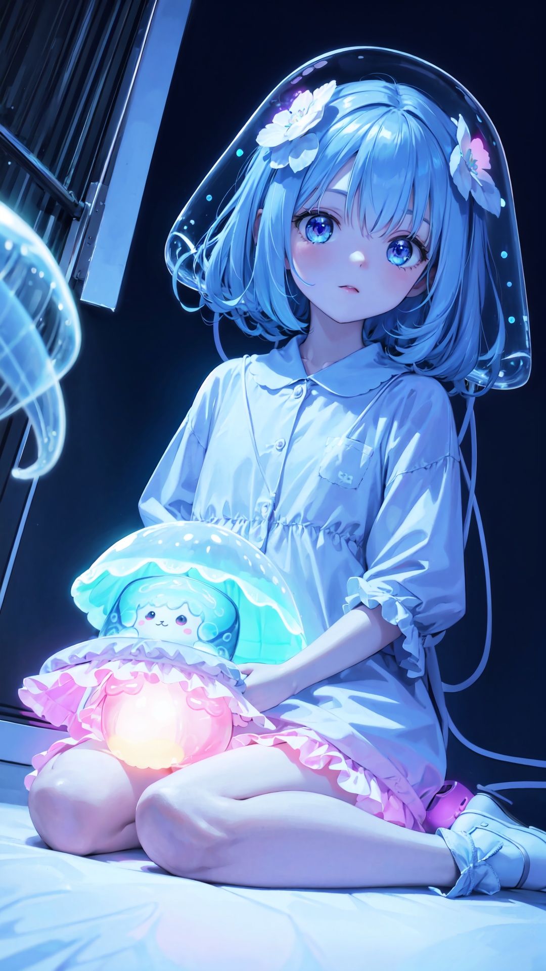  glowing jellyfish neon light, 1girl, sitting, wariza, (cute illustration:1.2), absurd-resolution, ultra-detailed, best quality