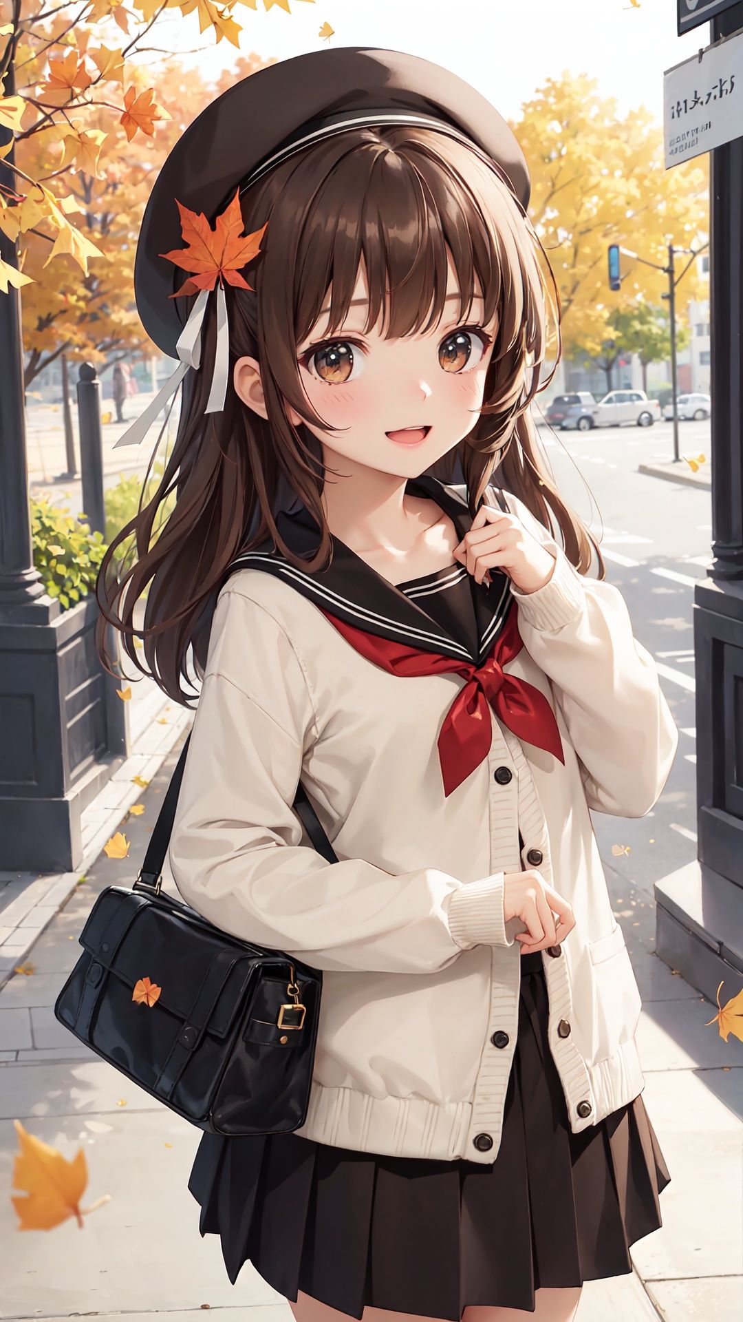 1girl, skirt, sailor collar, holding, smile, pleated skirt, hat, school uniform, solo, camera, long hair, off shoulder, shirt, bag, brown eyes, blurry, :d, bangs, serafuku, black sailor collar, holding camera, black skirt, autumn leaves, white headwear, white shirt, leaf, long sleeves, open clothes, open mouth, puffy long sleeves, blush, looking at viewer, ginkgo leaf, animal, blurry foreground, depth of field, cardigan, animal on shoulder, squirrel, blurry background, bow, beret, brown hair, black bow, puffy sleeves, open cardigan, hair between eyes, autumn, shoulder bag, hair ribbon, ribbon, white cardigan, maple leaf, outdoors, collarbone, falling leaves