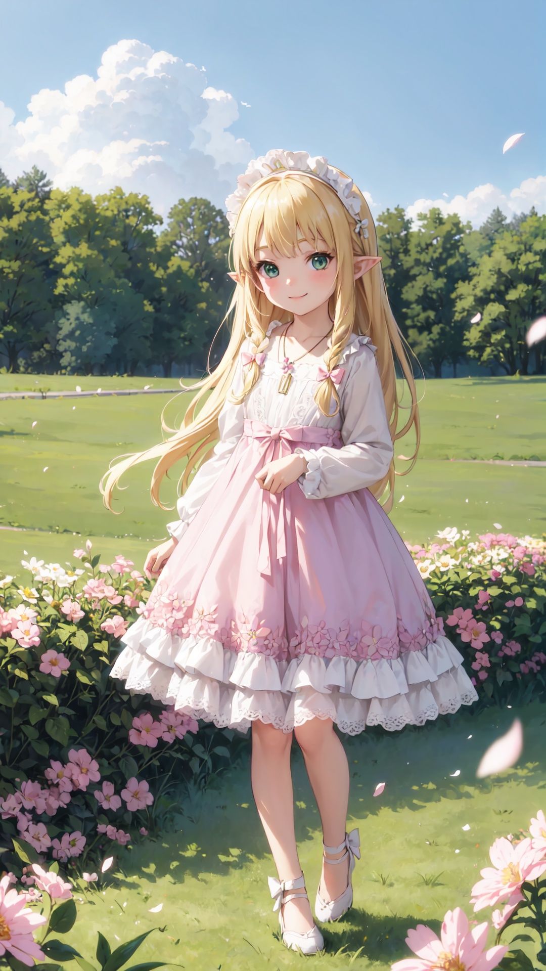 masterpiece,best quality,
(blonde hair),green eyes,loli,(kid, child:1),long hair,pointy ears,
smile,
lo dress,pink dress,Headdress,bow,frill,necklace,lace,
outdoors,blue sky,flower,flowers meadows,petals,
standing,Holding flowers in hand,
full body,
depth of field,