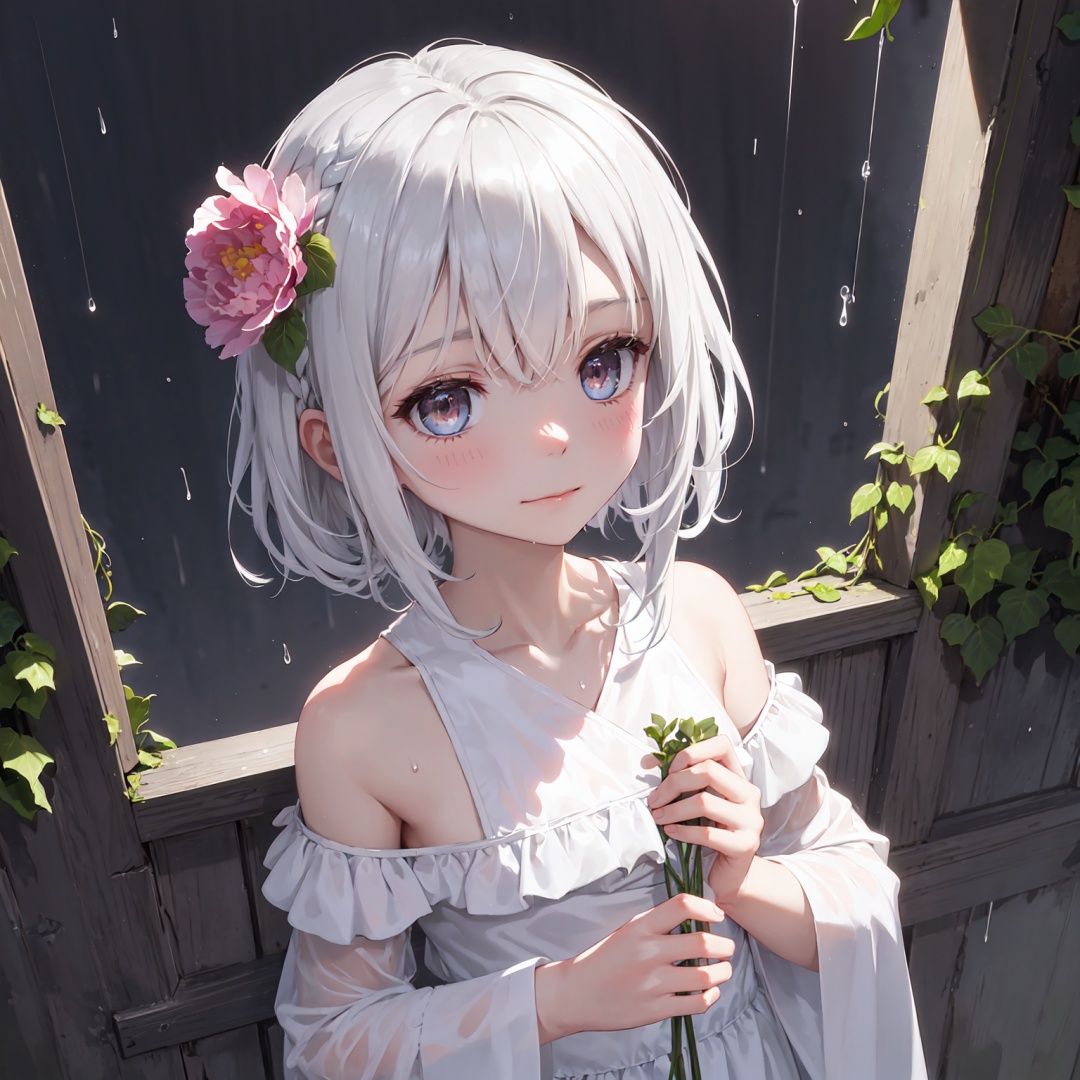Pitch black, late at night,night,rain,dark,carnation,carnation,vines,carnation,ruins,Blurred picture,lens flare,hdr,Tyndall effect,damp,wet,1girl,bare shoulders,Golden eyes,cold theme,broken glass,broken wall,aqua theme,white hair,blinking,white dress,closed mouth,constel lation,flat color,braid,blinking,white robe,float,closed mouth,constel lation,flat color,looking up,standing,medium hair,standing,solo,