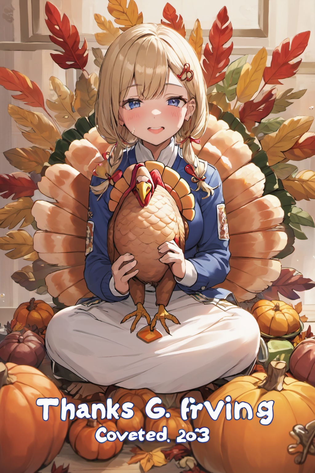 Seiza,  ("THANKS GIVING 2023" text logo decorated,  roasted turkey on your lap : 1.4) on Tensor.Art