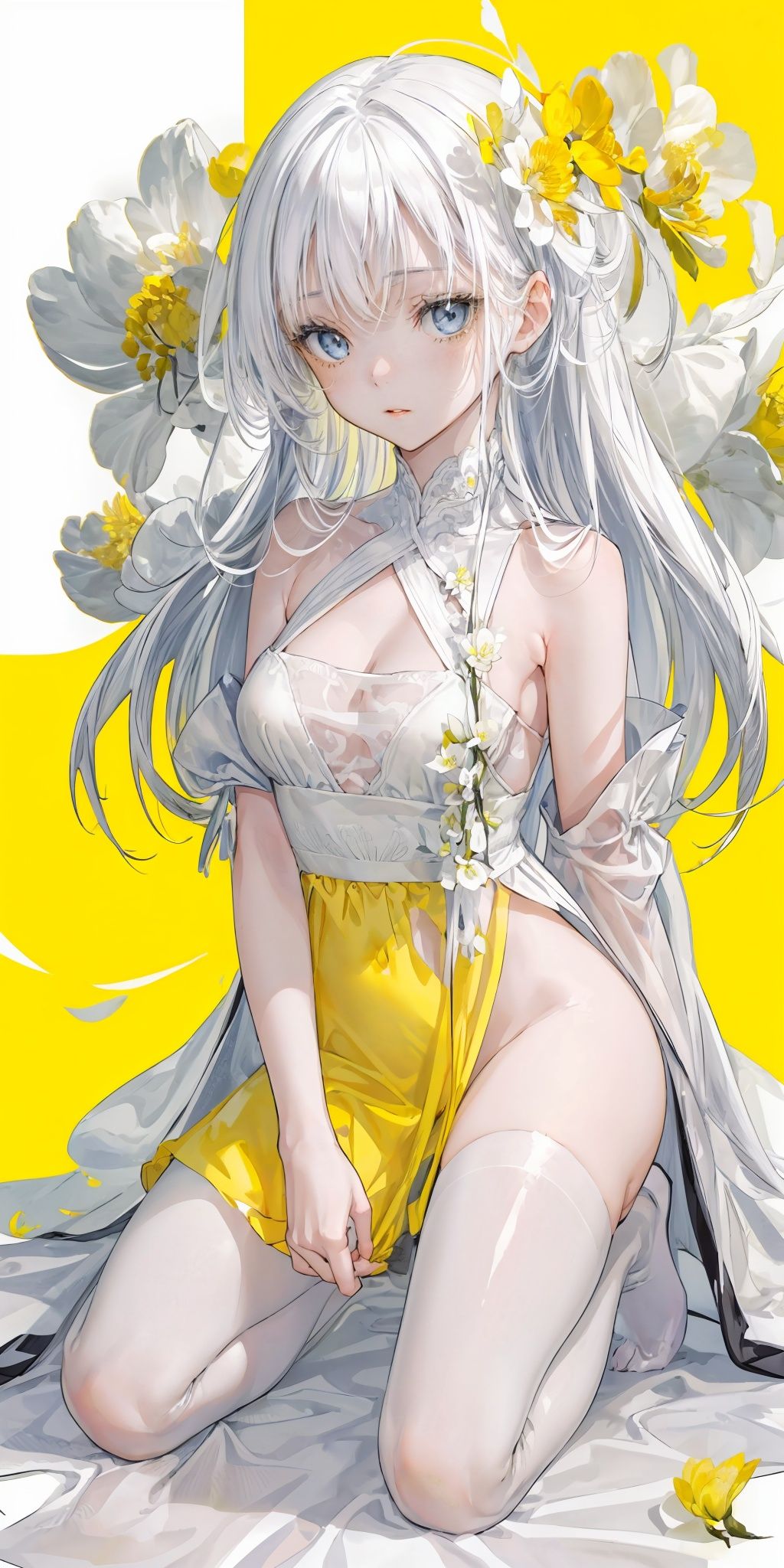  1girl, blue eyes, white long translucent night gown, expressionless, (white hair), hair cover one eye, long hair, yellow hair flower, kneeling on lake, blood, (plenty of yellow petals:1.35), (white background:1.5), (English text), greyscale, monochrome, greyscale, monochrome, sketch,backlight,pantyhose