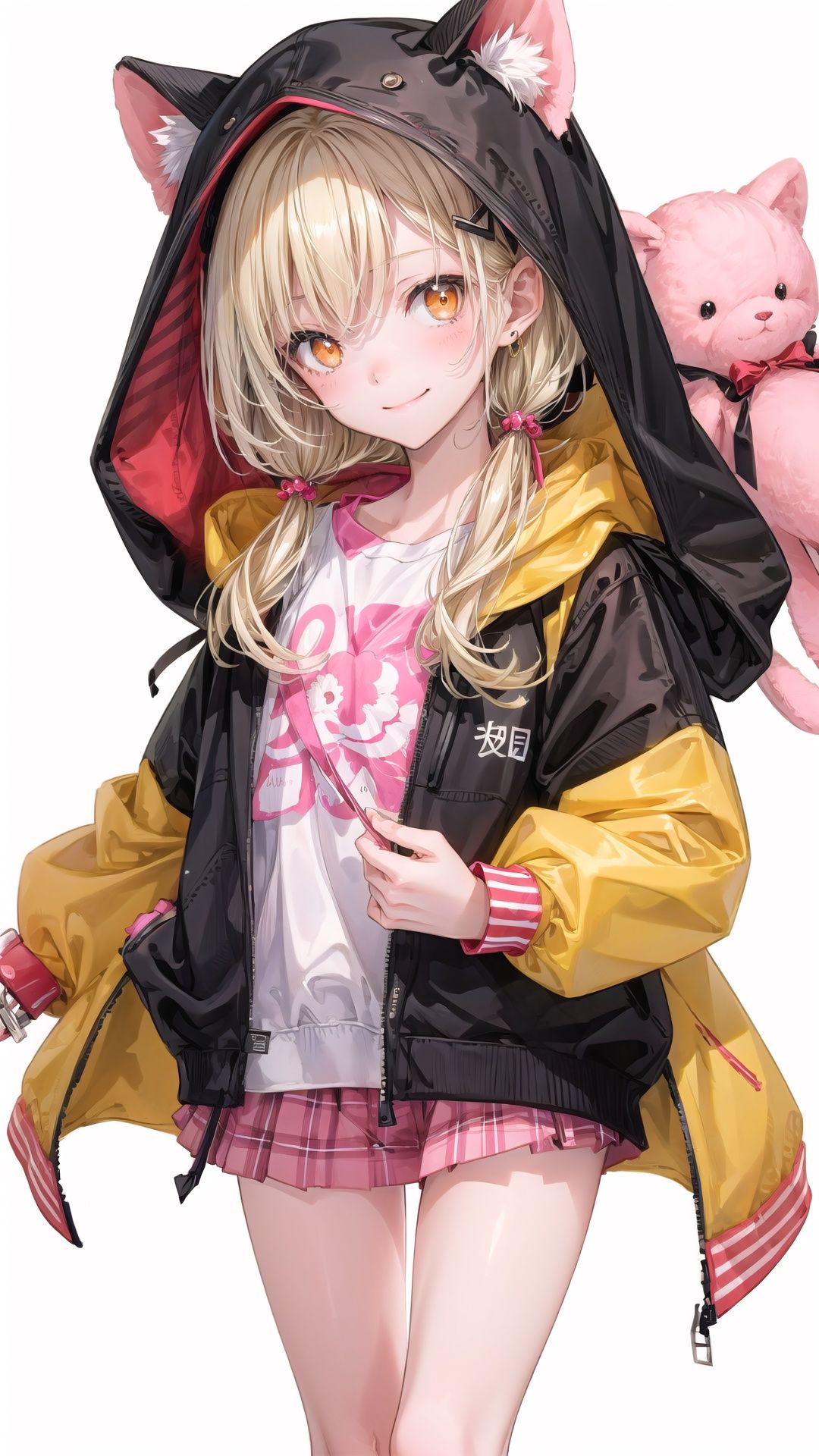  1girl, hair ornament, smile, solo, blonde hair, full body, white background, barefoot, virtual youtuber, stuffed toy, simple background, hairclip, looking at viewer, jacket, bracelet, stuffed animal, bangs, standing, holding stuffed toy, hood, closed mouth, long hair, blush, jewelry, orange eyes, hood down, holding, hooded jacket, short sleeves, bare legs, pink jacket, cuteloli