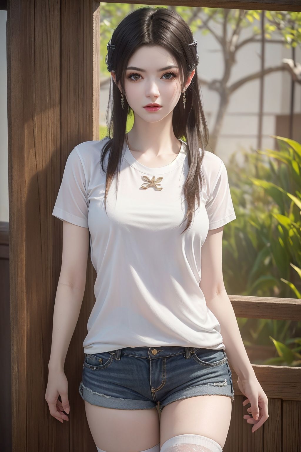 (8k, RAW photo, best quality, masterpiece:1.2),(realistic, photo-realistic:1.2)(raw photo) (extremely detailed CG unity 8k wallpaper) detailed,intricate,1girl,solo,white_skin,white_shirt,short_shorts,mismatched_legwear,zoo,at the zoo,looking at viewer,<lora:mds_v1.4:0.55>,