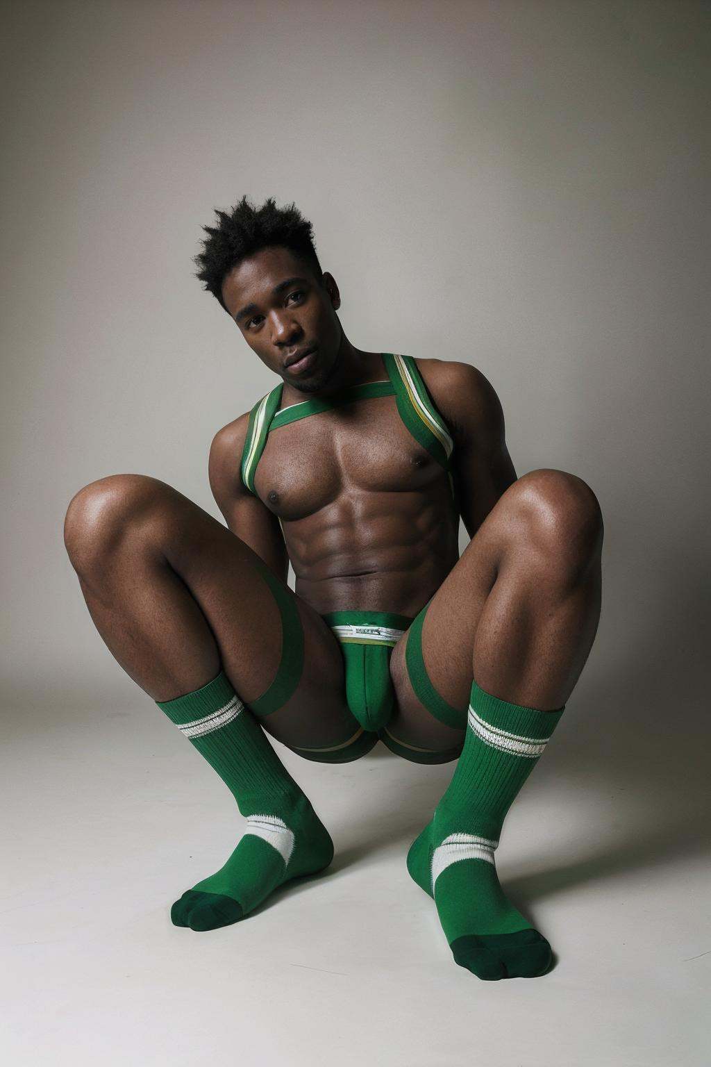 professional studio photo of black man wearing green jock_harness jockstrap and socks ,  homoerotic,  shot by Rick Day by...