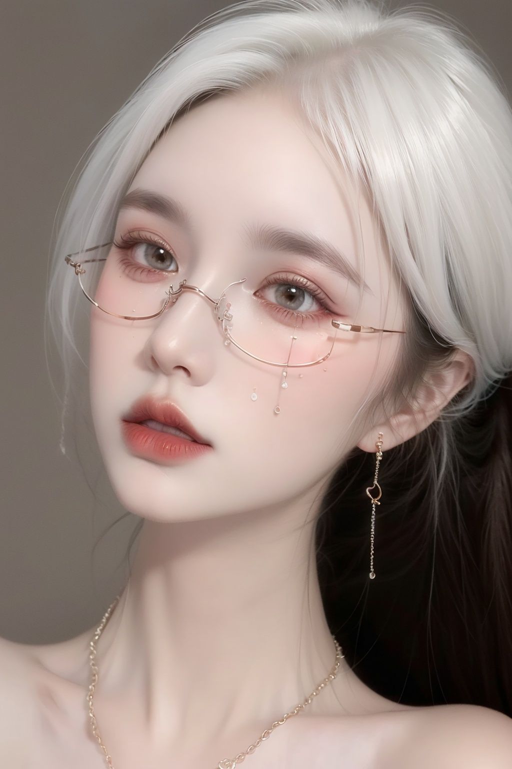  A girl, long white hair, flowing hair, bust, close-up of face, bust, fair skin, necklace, masonry, gem, ear chain, clavicle, off-the-shoulder, exquisite facial features and makeup.Red lips and delicate eye makeup.Delicate hair,Staring at the audience,Tears, tears,.Glasses, glasses,Wearing glasses,
( Best Quality: 1.2 ), ( Ultra HD: 1.2 ), ( Ultra-High Resolution: 1.2 ), ( CG Rendering: 1.2 ), Wallpaper, Masterpiece, ( 36K HD: 1.2 ), ( Extra Detail: 1.1 ), Ultra Realistic, ( Detail Realistic Skin Texture: 1.2 ), ( White Skin: 1.2 ), Focus, Realistic Art,liuguang,liuguang,bankuang