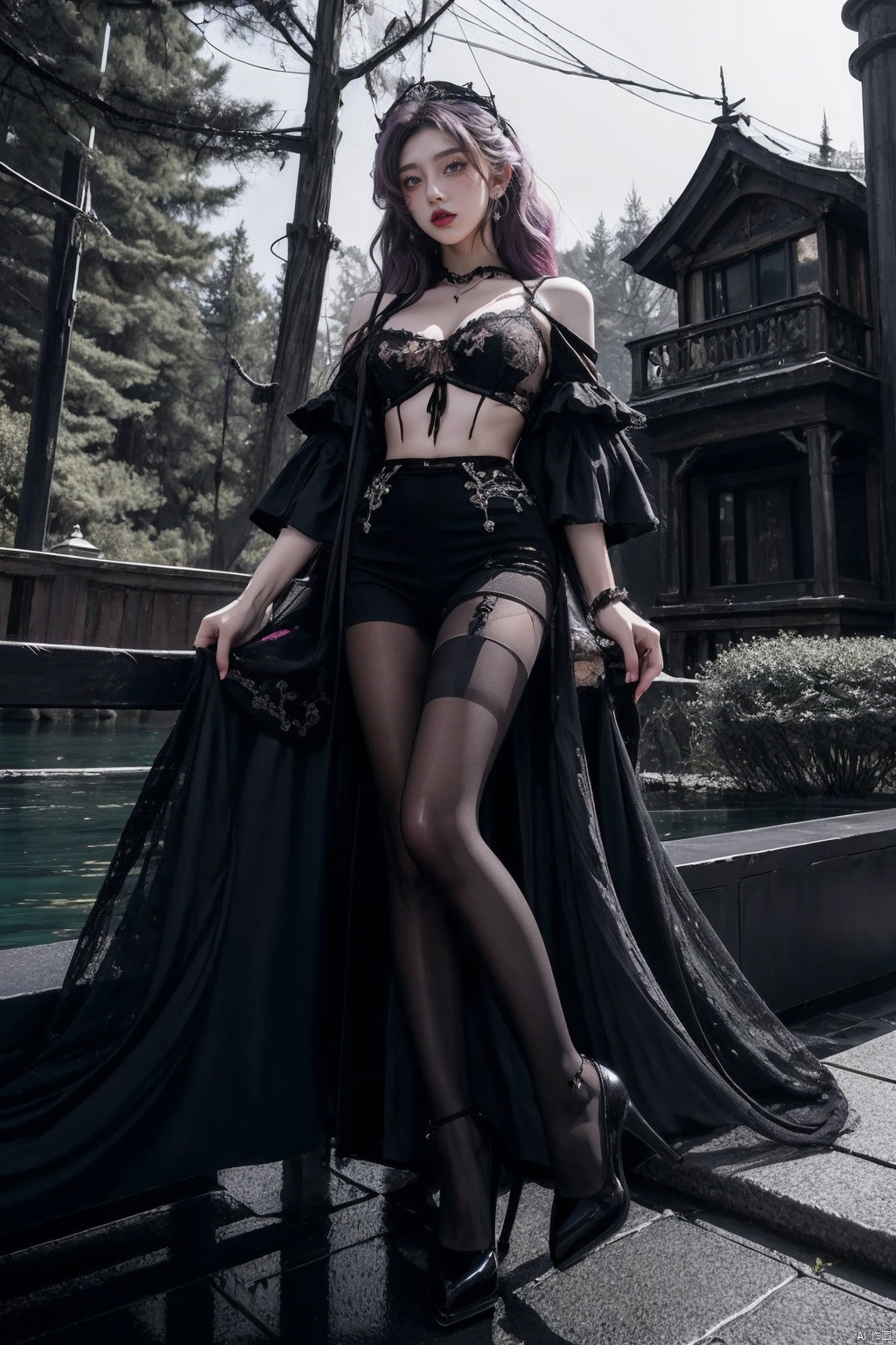  lightning storm, in the style of whimsical wilderness, 
purple, Floating hair, black gauze skirt, Gothic style, high contrast, film style portrait,
HUBG_Beauty_Girl, pantyhose, HUBG_Rococo_Style(loanword)