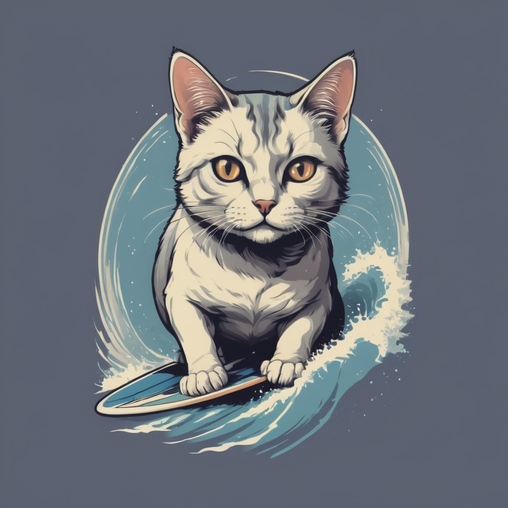 Excellence masterpice T-shirt design illustration of of an cat surffing,  sharper,  clean lines on Tensor.Art