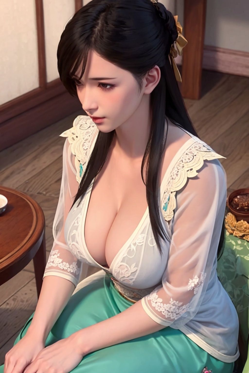 1girl,  sitting,  (breasts on Tensor.Art