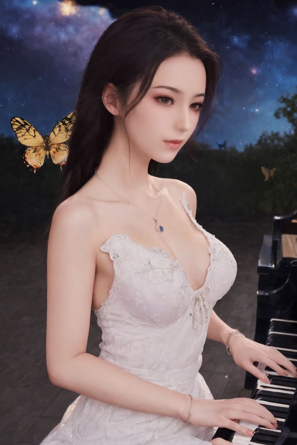  (best quality:1),(from_side:1.7),(fondle_breasts:1.7),18-years-old beautiful (open_lace-trimmed_dress,glitter,pantyshot,necklace,bracelet) girl,makeup,(sitting at the outdoor,playing_piano,night,hyper_galaxy,Glowing_butterflies:1.5),solo,light_blush,cgscence,wideshot,1girl
