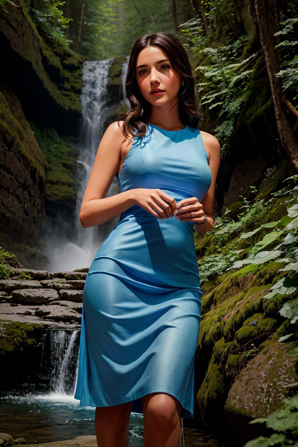 <lora:rwtcdress_v1:1> masterpiece, photorealistic highly detailed 8k photography, best cinematic quality, volumetric lighting, Brunette young woman in Cornflower Blue rwtcdress, Majestic Waterfalls background
