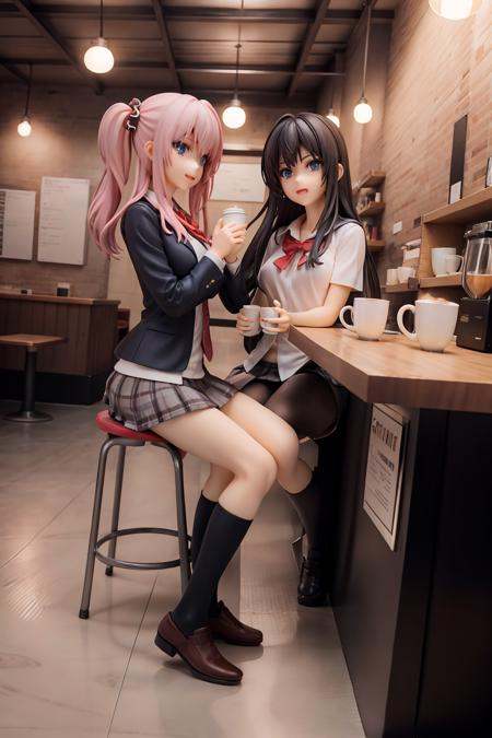 2 girls at coffee shop ,  school uniform,  joyful talking on Tensor.Art