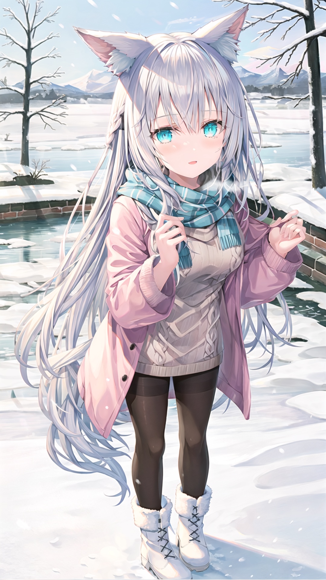 1girl, solo, skinny, young girl, hair strand, fox ears, white hair, animal ear fluff, fluffy jacket, sweater, scarf, winter, snow, steam, full body, white pantyhose, aqua eyes, boots, 