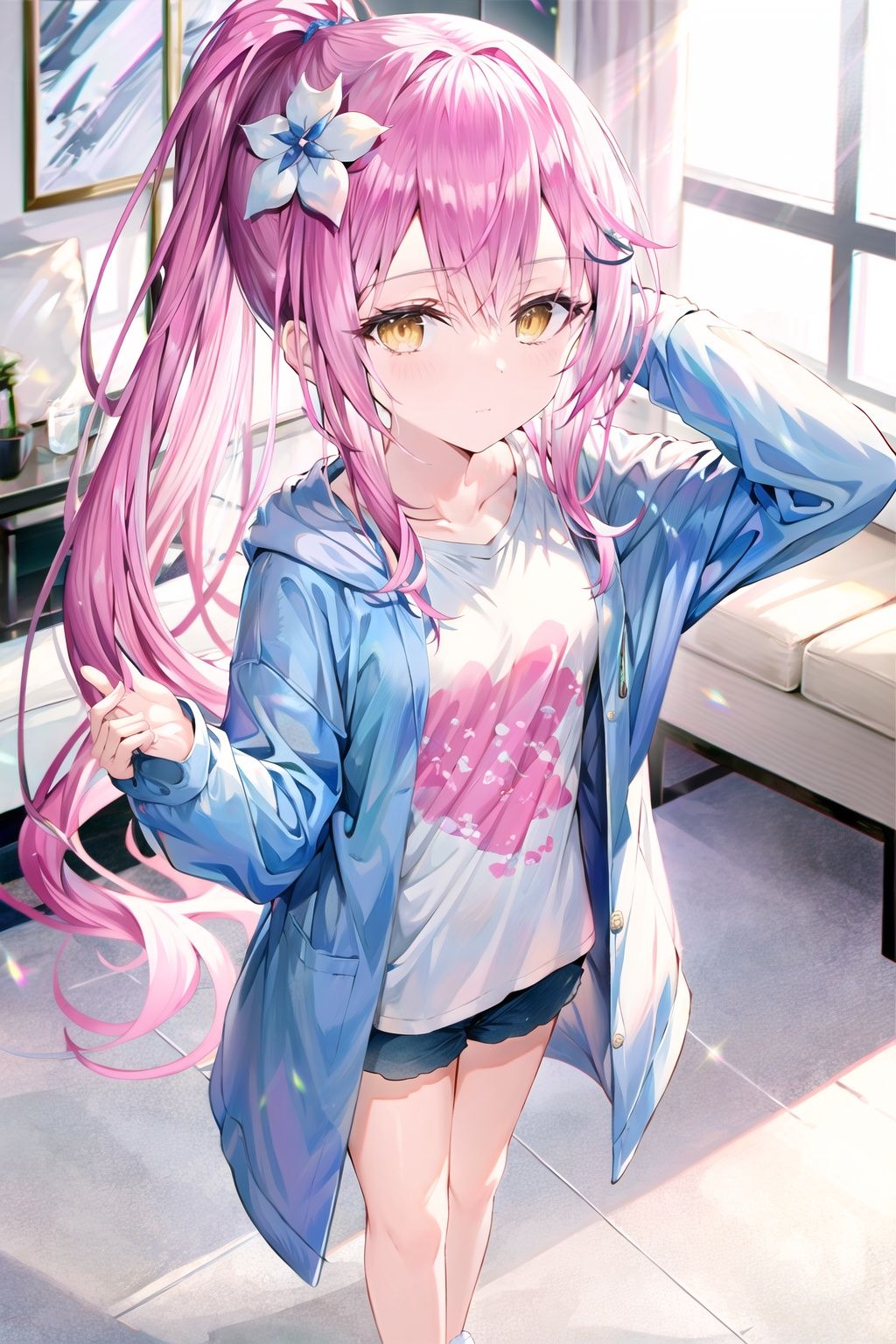 1petite loli,solo.pink hair,long pink hair,(yellow eyes),hair flower,fipped hair,high ponytail,loose over_sized Casual T-shirt,white shirt,hoodie coat,bare legs,slippers;relaxed,one-eye_closed,adjusting hair,looking at viewer,standing.