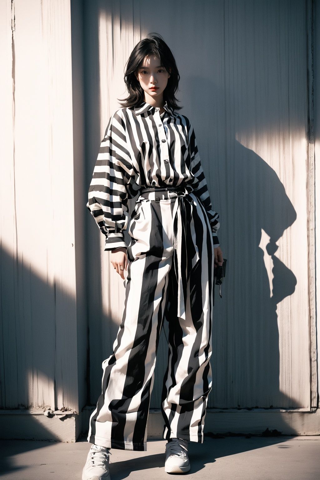 A HongKong style about 23 years old young girl, full body ,She is dressed in a Black striped shirt,  white background , emphasizing the play of light and shadow, highlighting intricate details,It is available in both 4K and high-definition resolutions,Wuqiii,Wumag