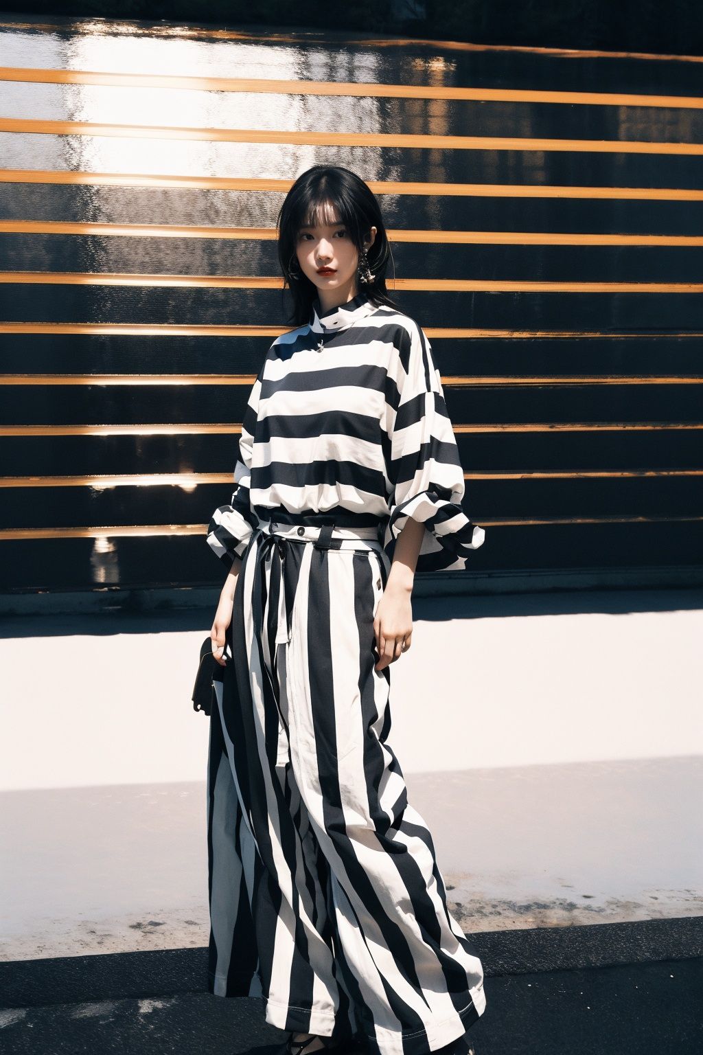 A HongKong style about 23 years old young girl, full body ,She is dressed in a Black striped shirt,  white background , emphasizing the play of light and shadow, highlighting intricate details,It is available in both 4K and high-definition resolutions,Wuqiii,Wumag