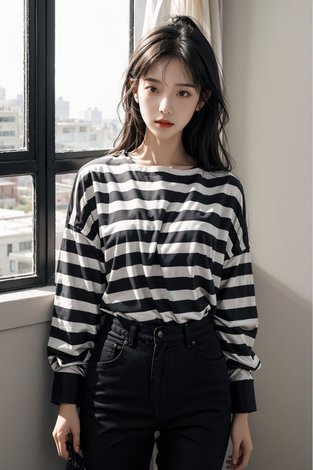  A girl was standing in her Black striped shirt,Wumag